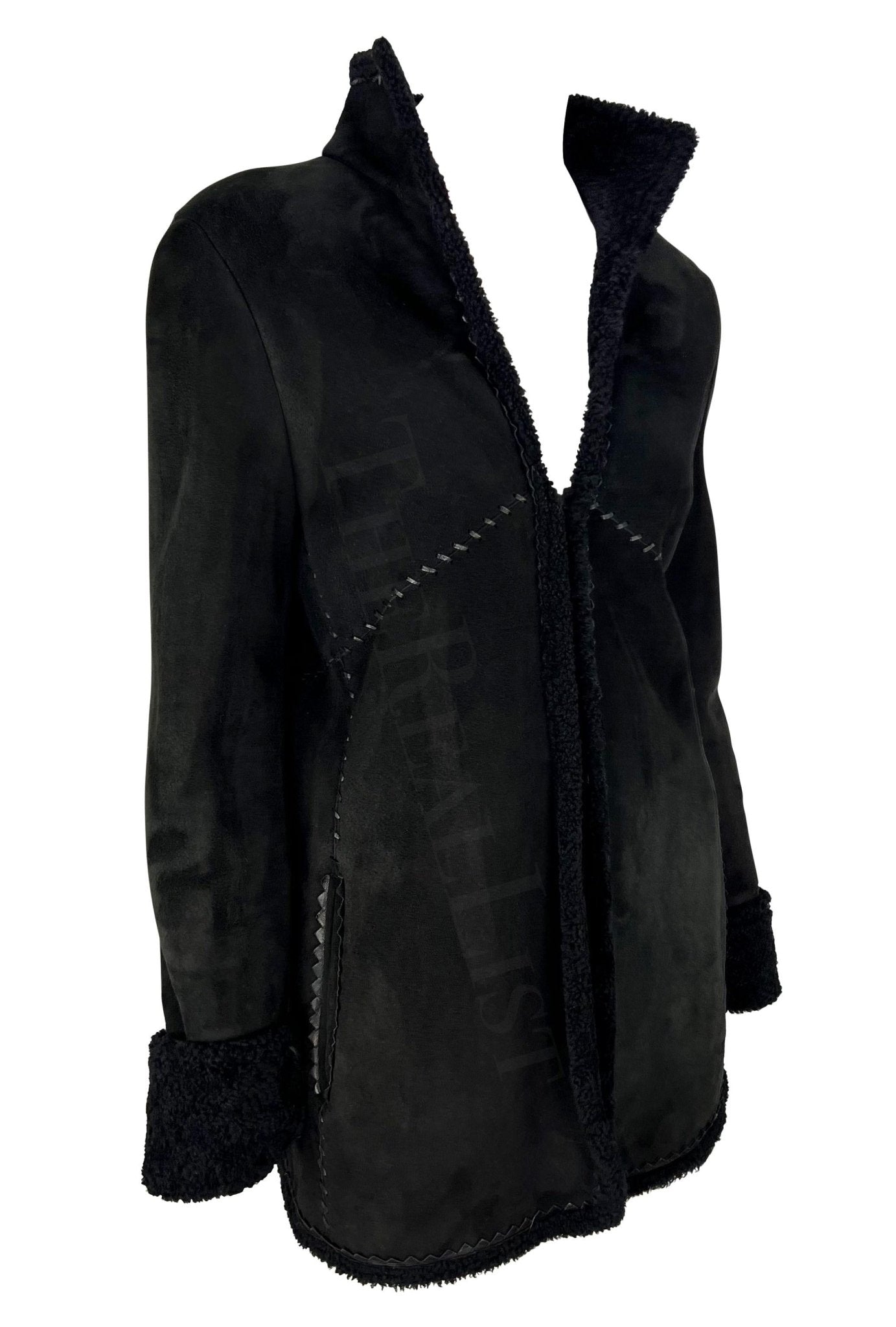 F/W 2002 Gianni Versace by Donatella Black Shearling Woven Leather Jacket - RealList