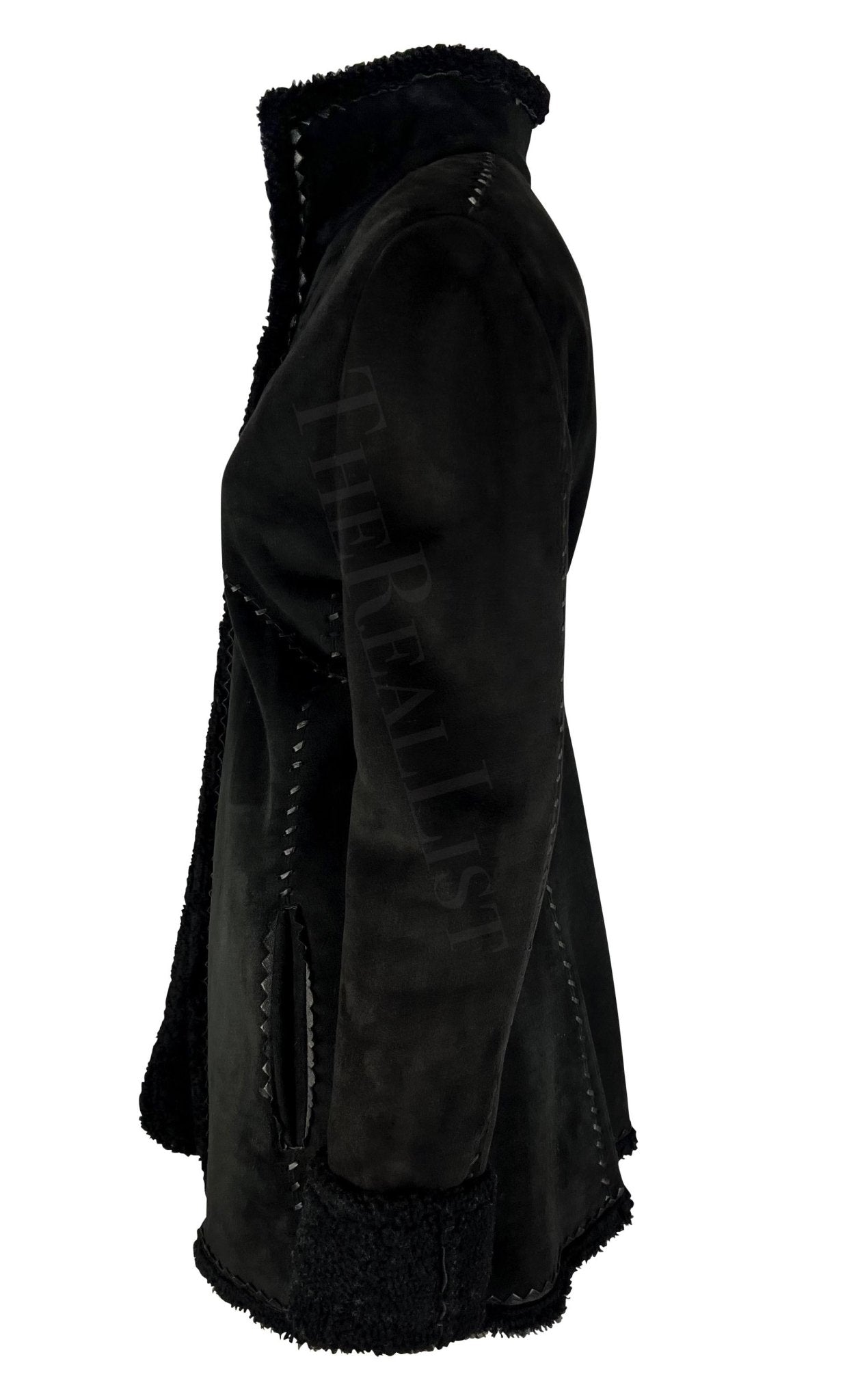 F/W 2002 Gianni Versace by Donatella Black Shearling Woven Leather Jacket - RealList