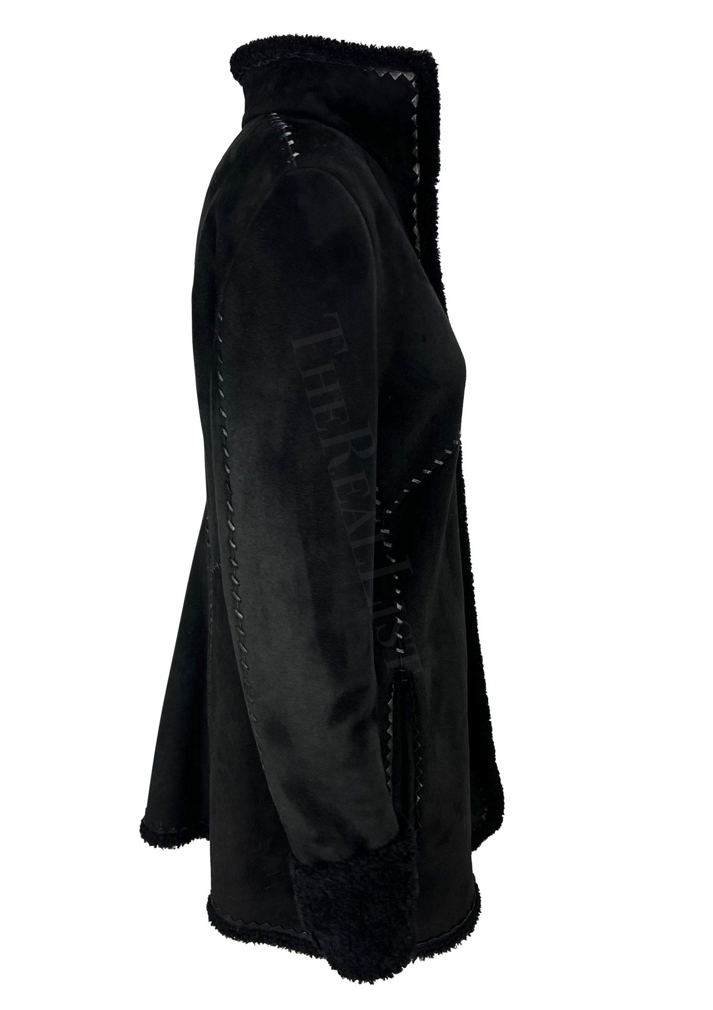 F/W 2002 Gianni Versace by Donatella Black Shearling Woven Leather Jacket - RealList