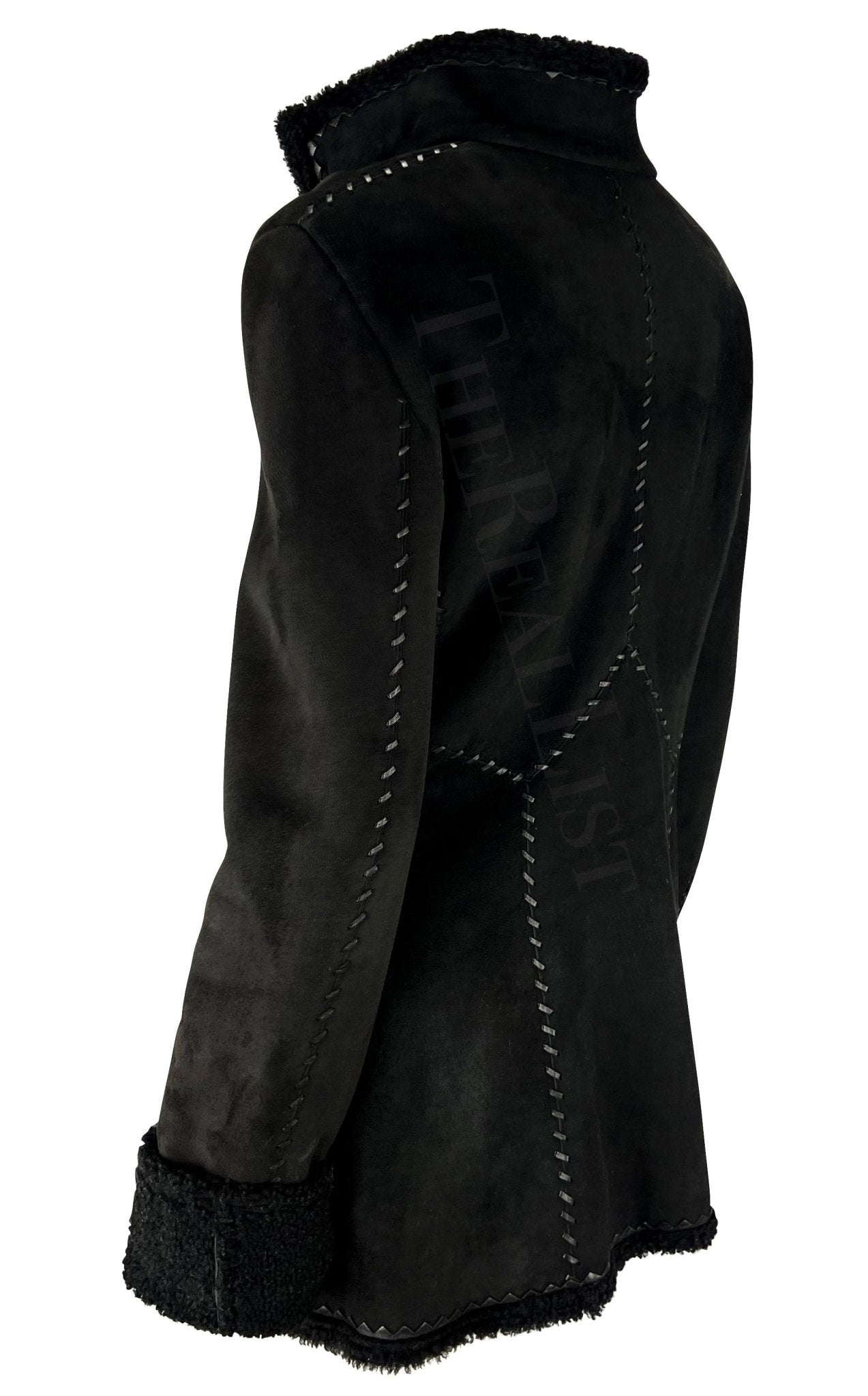 F/W 2002 Gianni Versace by Donatella Black Shearling Woven Leather Jacket - RealList