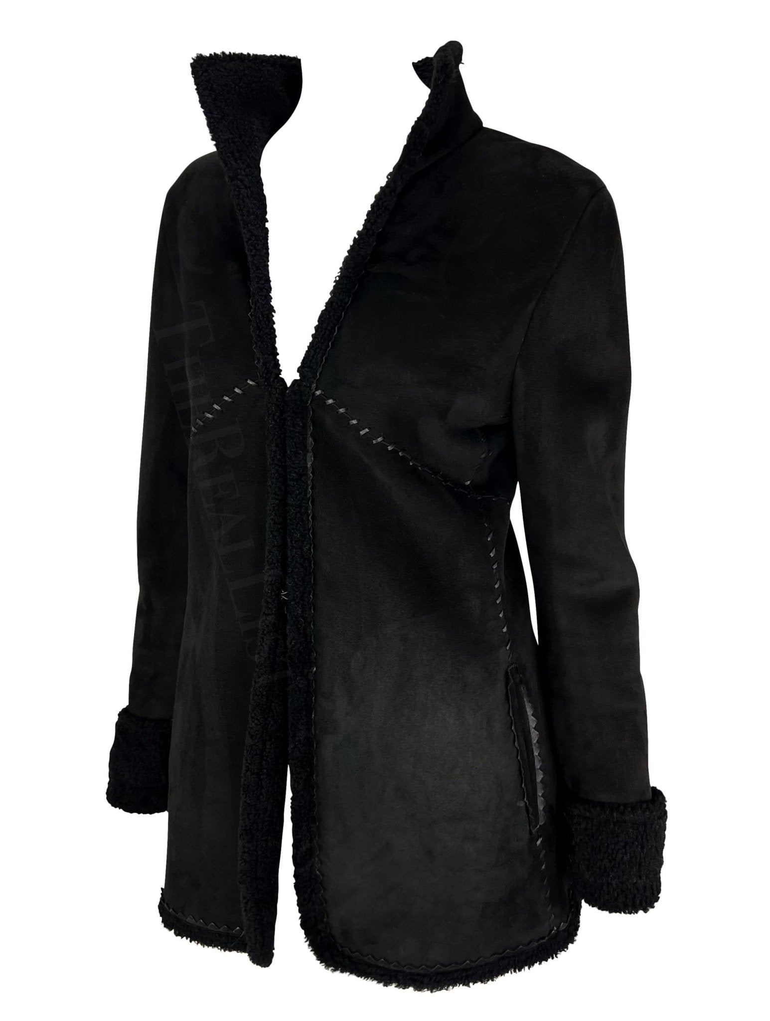 F/W 2002 Gianni Versace by Donatella Black Shearling Woven Leather Jacket - RealList