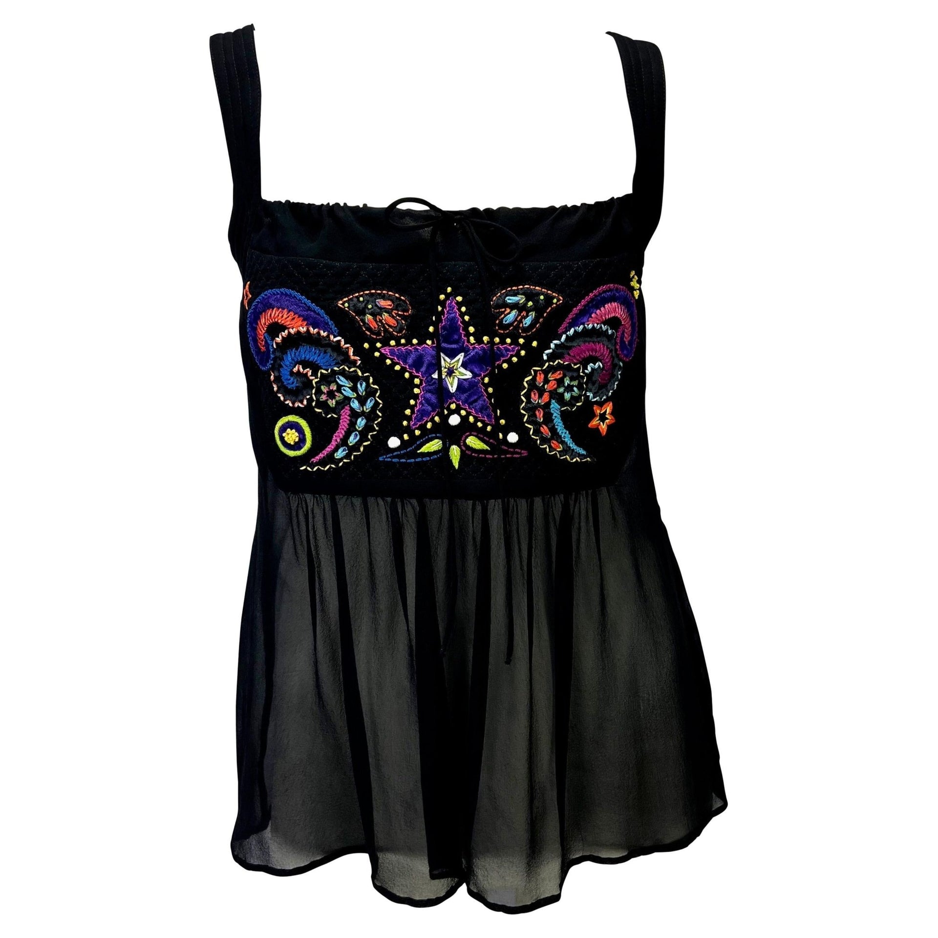F/W 2002 Gianni Versace by Donatella Black Sheer Embroidered Babydoll Tank Top - RealList