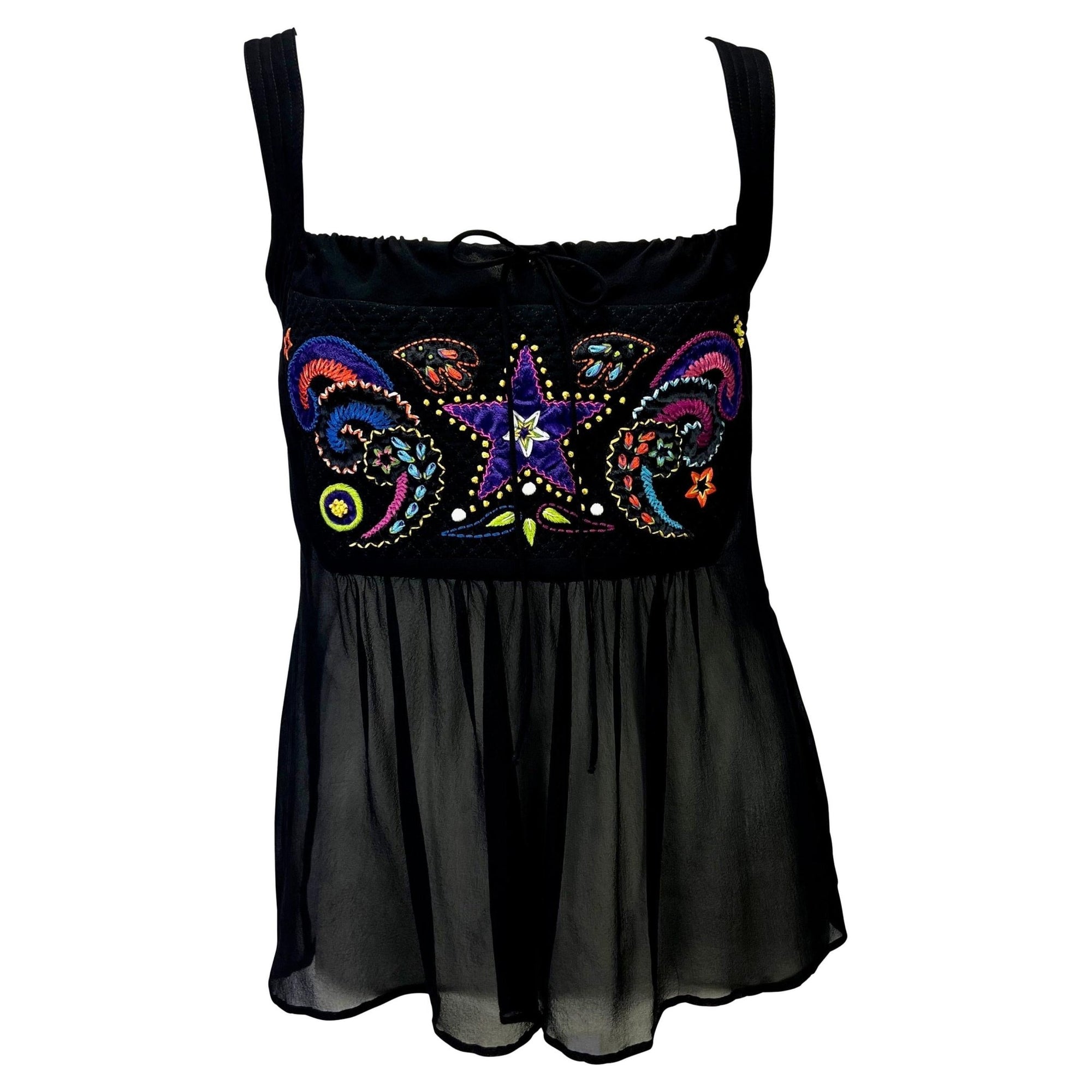 F/W 2002 Gianni Versace by Donatella Black Sheer Embroidered Babydoll Tank Top - RealList