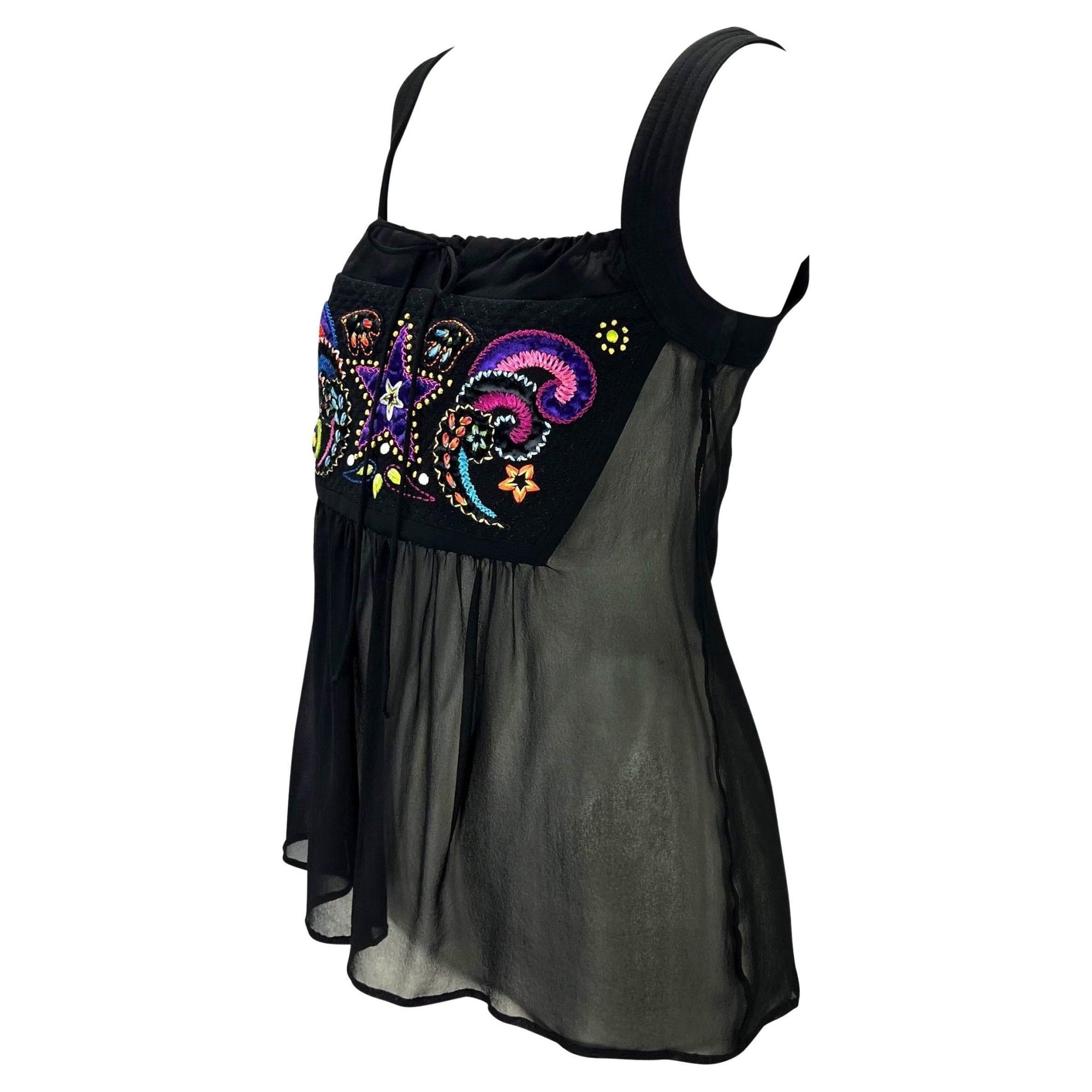 F/W 2002 Gianni Versace by Donatella Black Sheer Embroidered Babydoll Tank Top - RealList