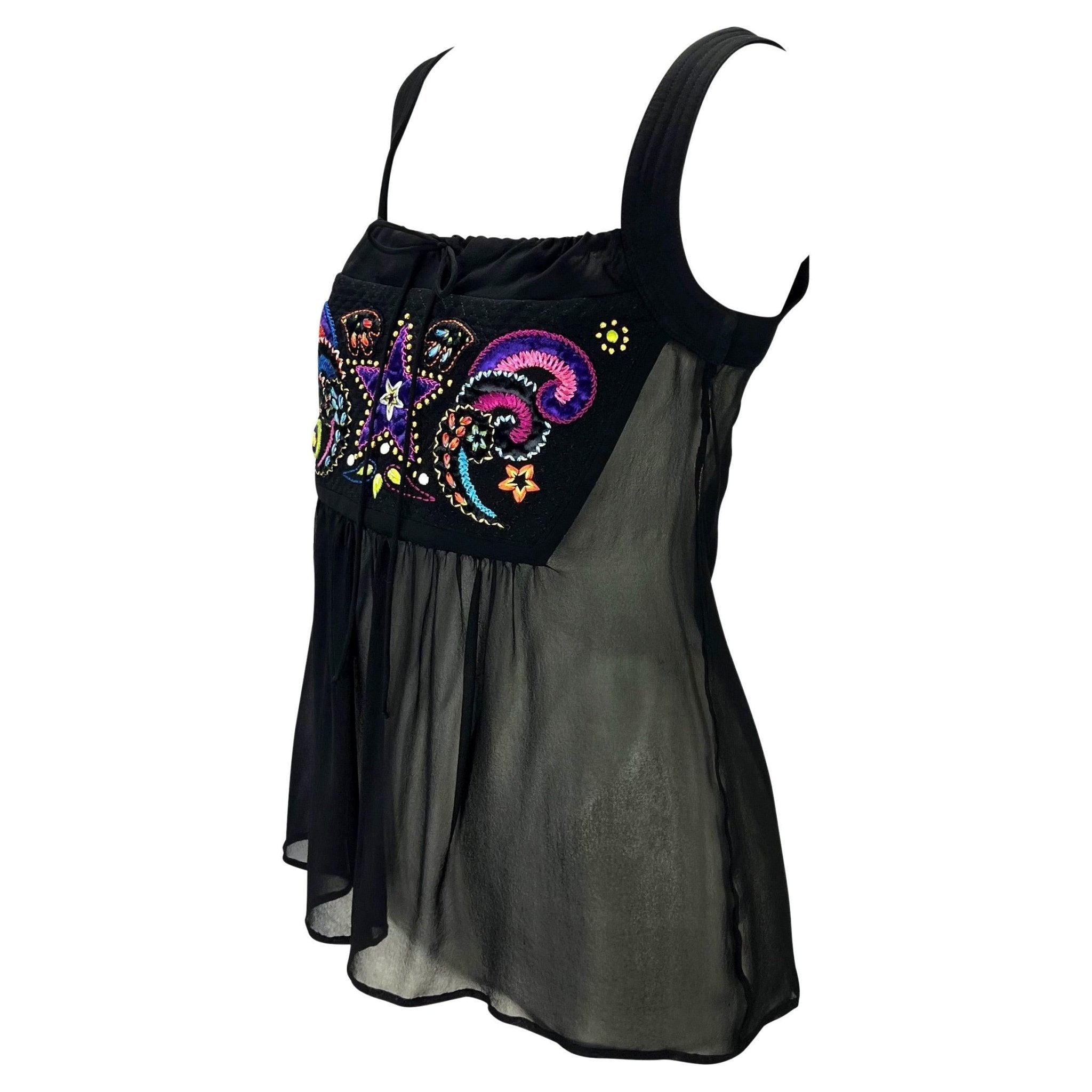 F/W 2002 Gianni Versace by Donatella Black Sheer Embroidered Babydoll Tank Top - RealList
