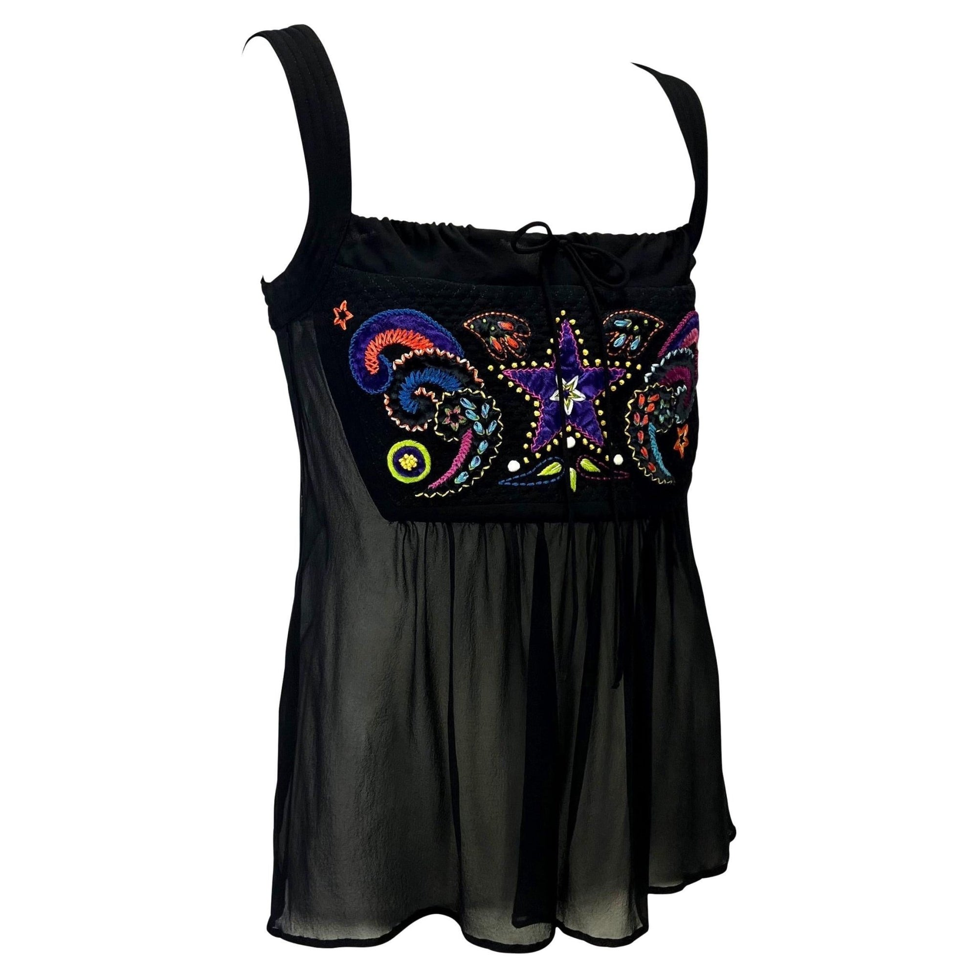 F/W 2002 Gianni Versace by Donatella Black Sheer Embroidered Babydoll Tank Top - RealList