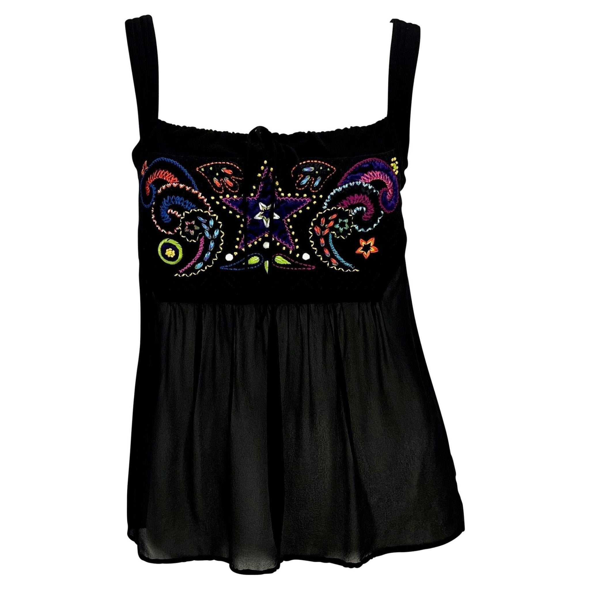 F/W 2002 Gianni Versace by Donatella Black Sheer Embroidered Runway Tank Top - RealList