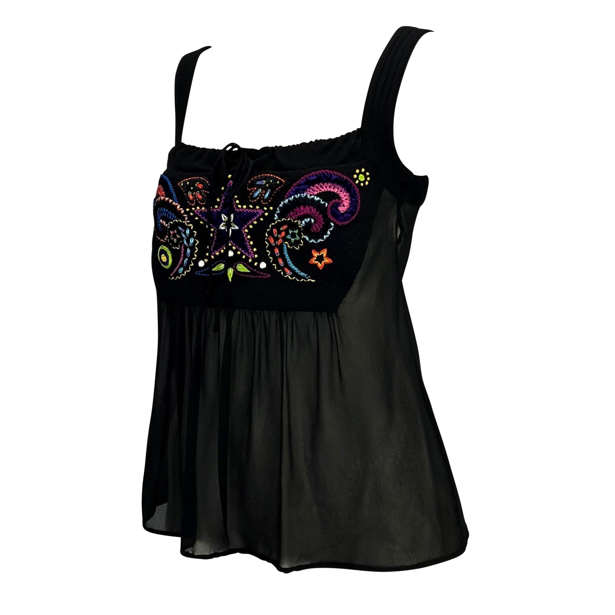 F/W 2002 Gianni Versace by Donatella Black Sheer Embroidered Runway Tank Top - RealList