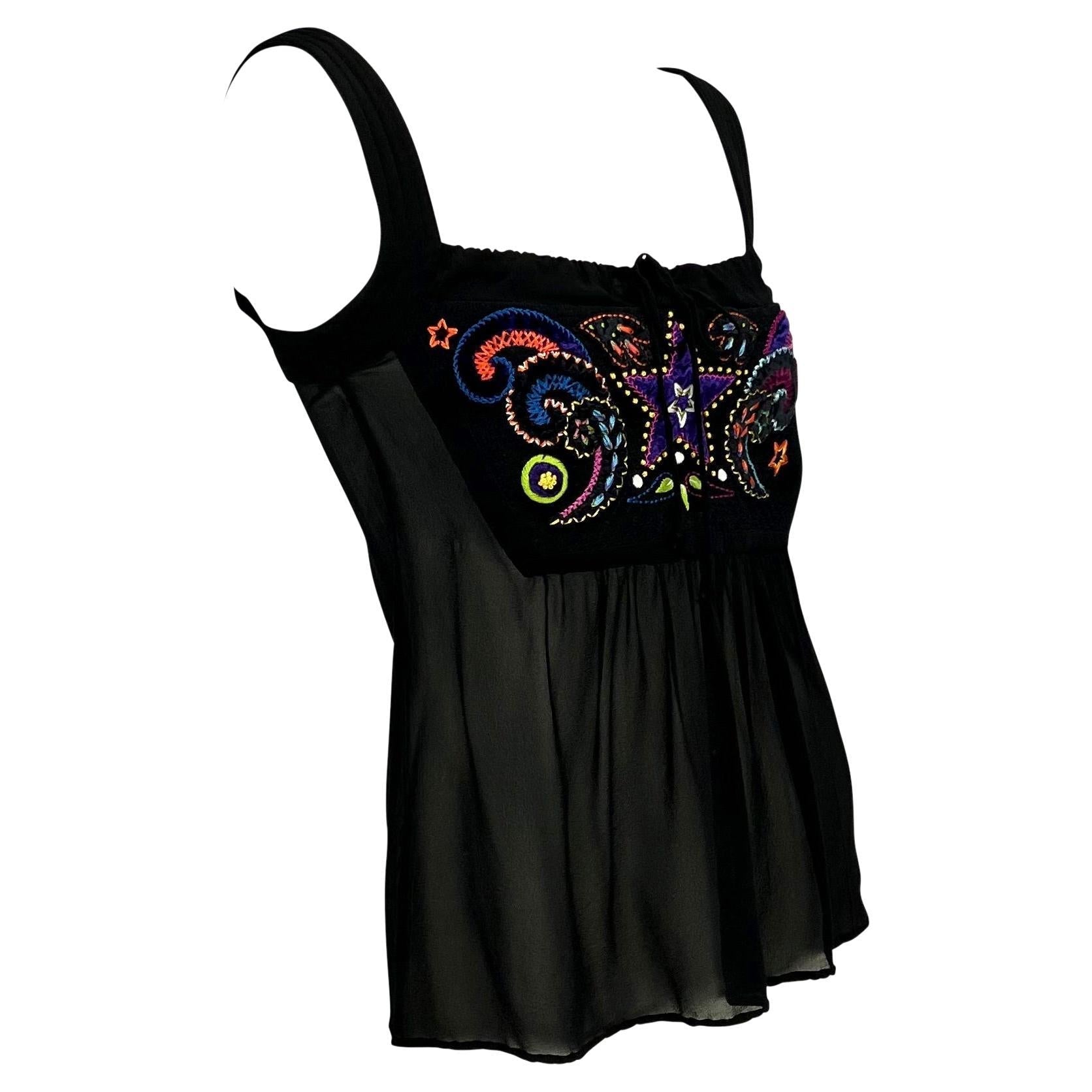 F/W 2002 Gianni Versace by Donatella Black Sheer Embroidered Runway Tank Top - RealList