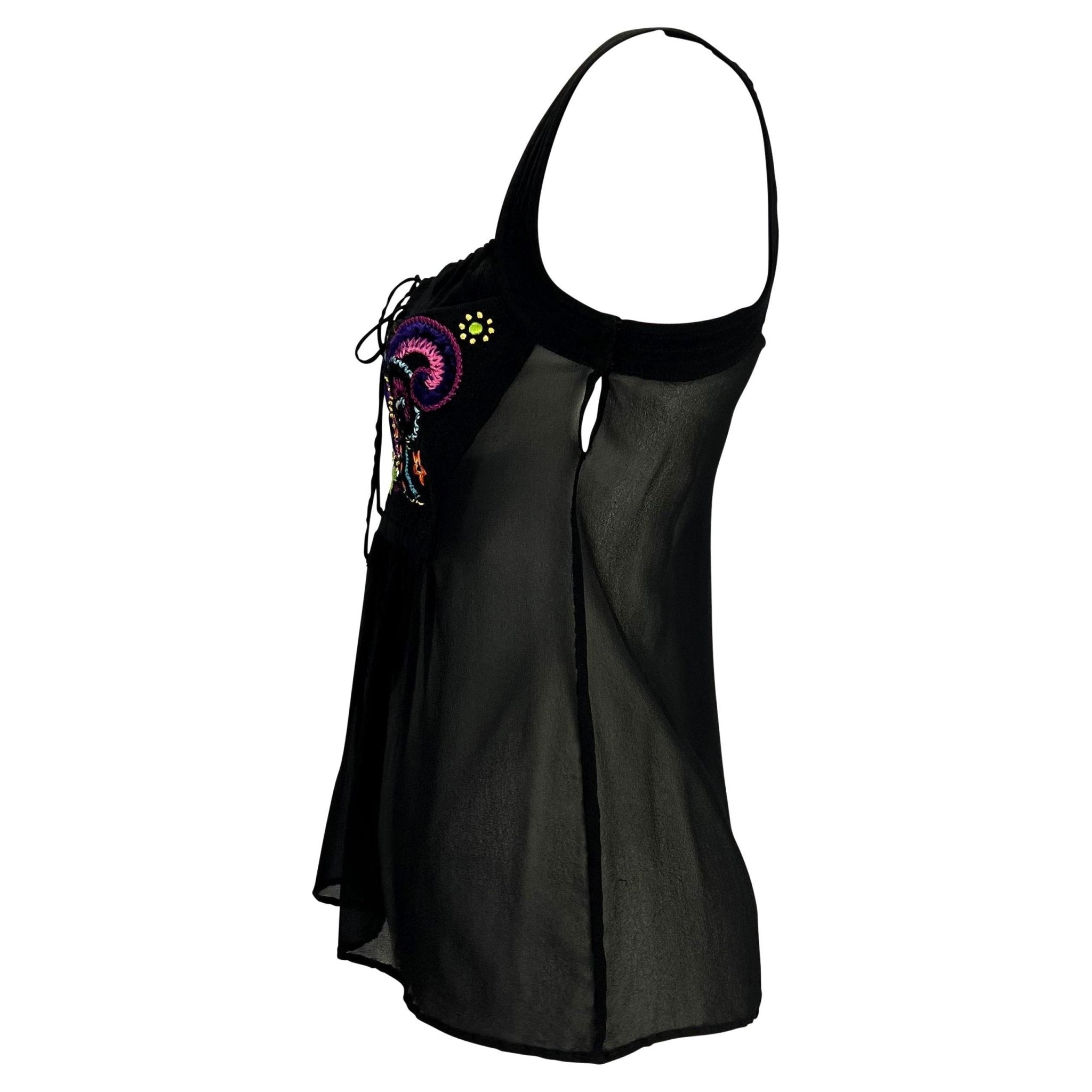 F/W 2002 Gianni Versace by Donatella Black Sheer Embroidered Runway Tank Top - RealList