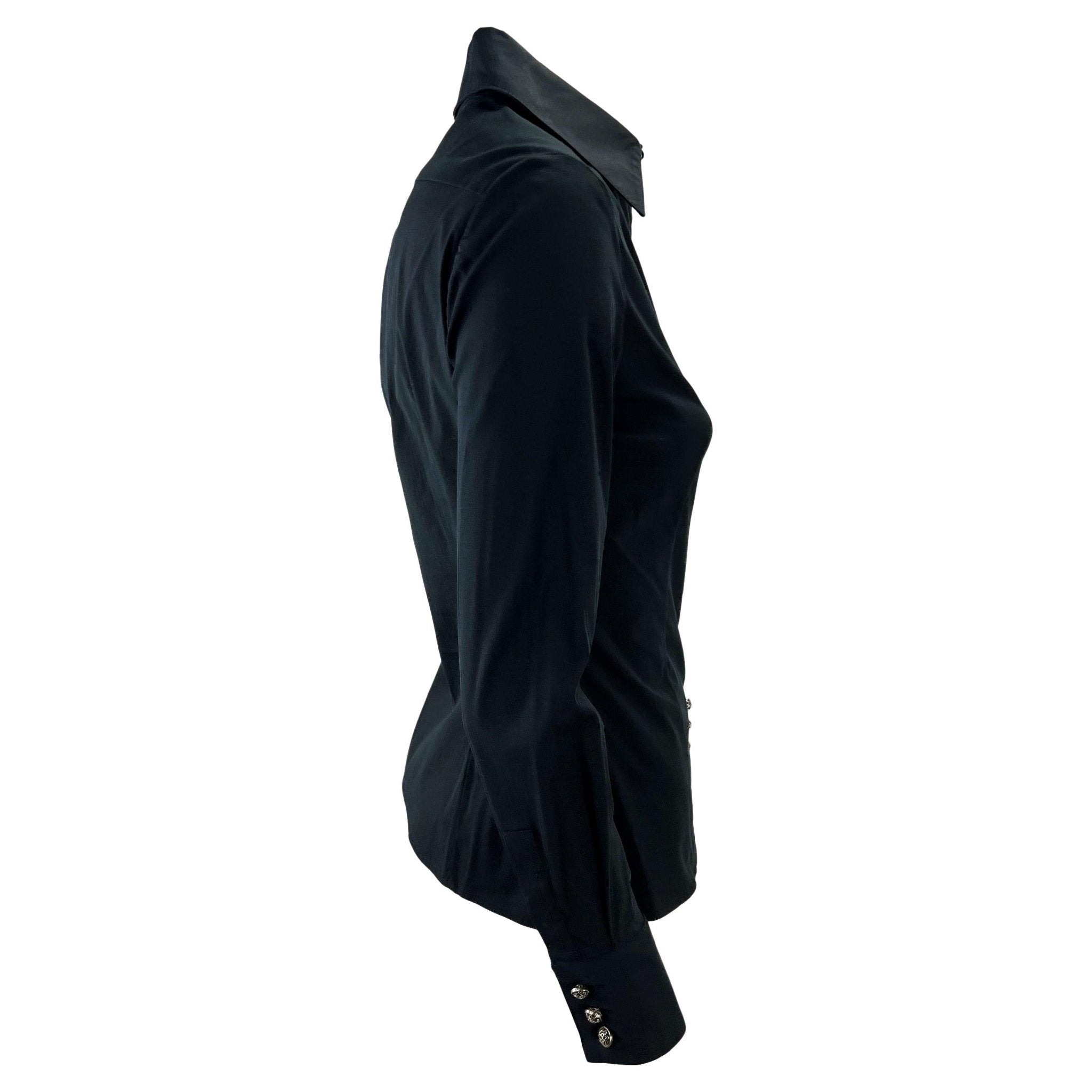 F/W 2002 Gianni Versace by Donatella Black Stretch Cotton Plunging Button Up Top - RealList