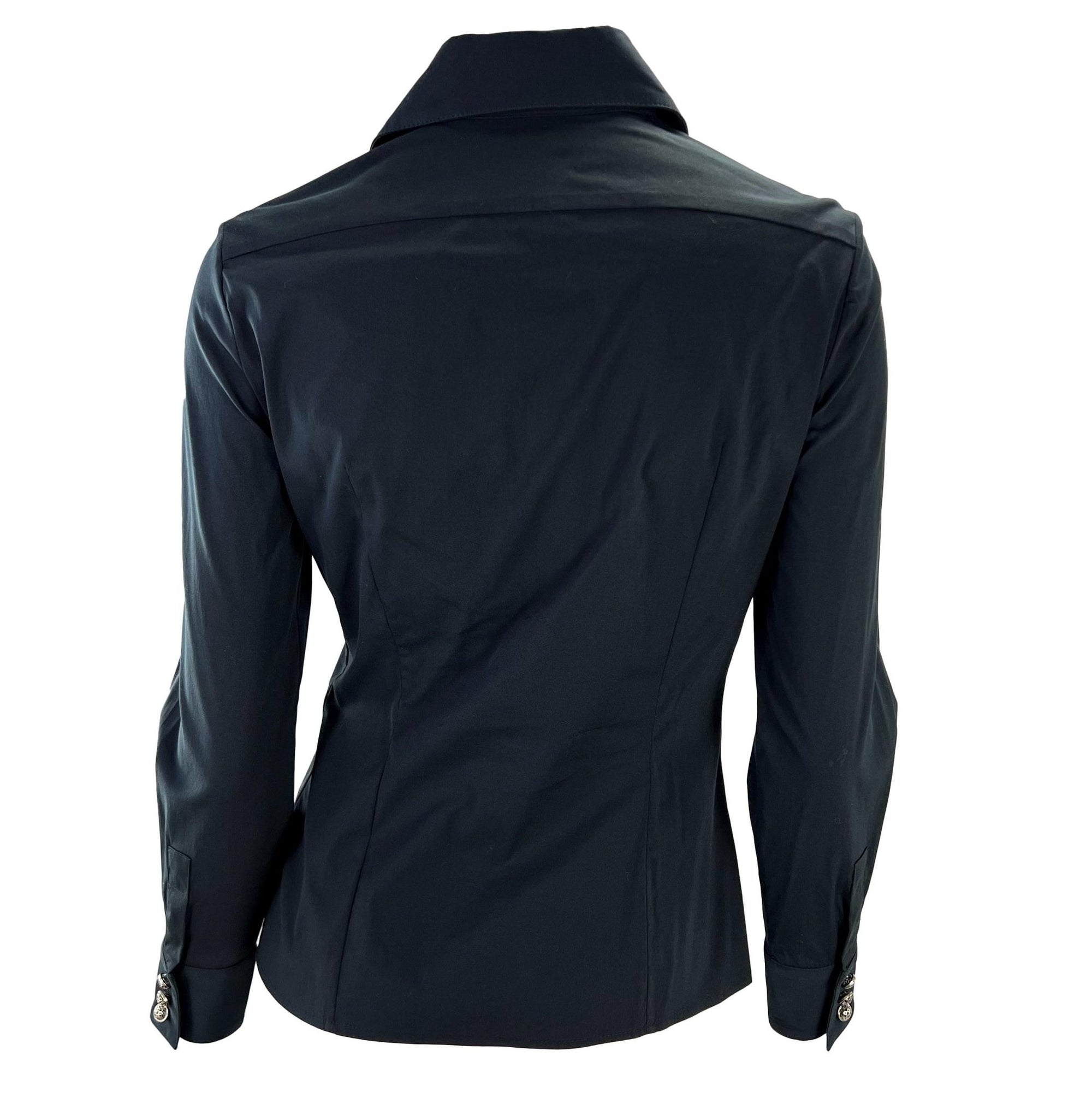 F/W 2002 Gianni Versace by Donatella Black Stretch Cotton Plunging Button Up Top - RealList