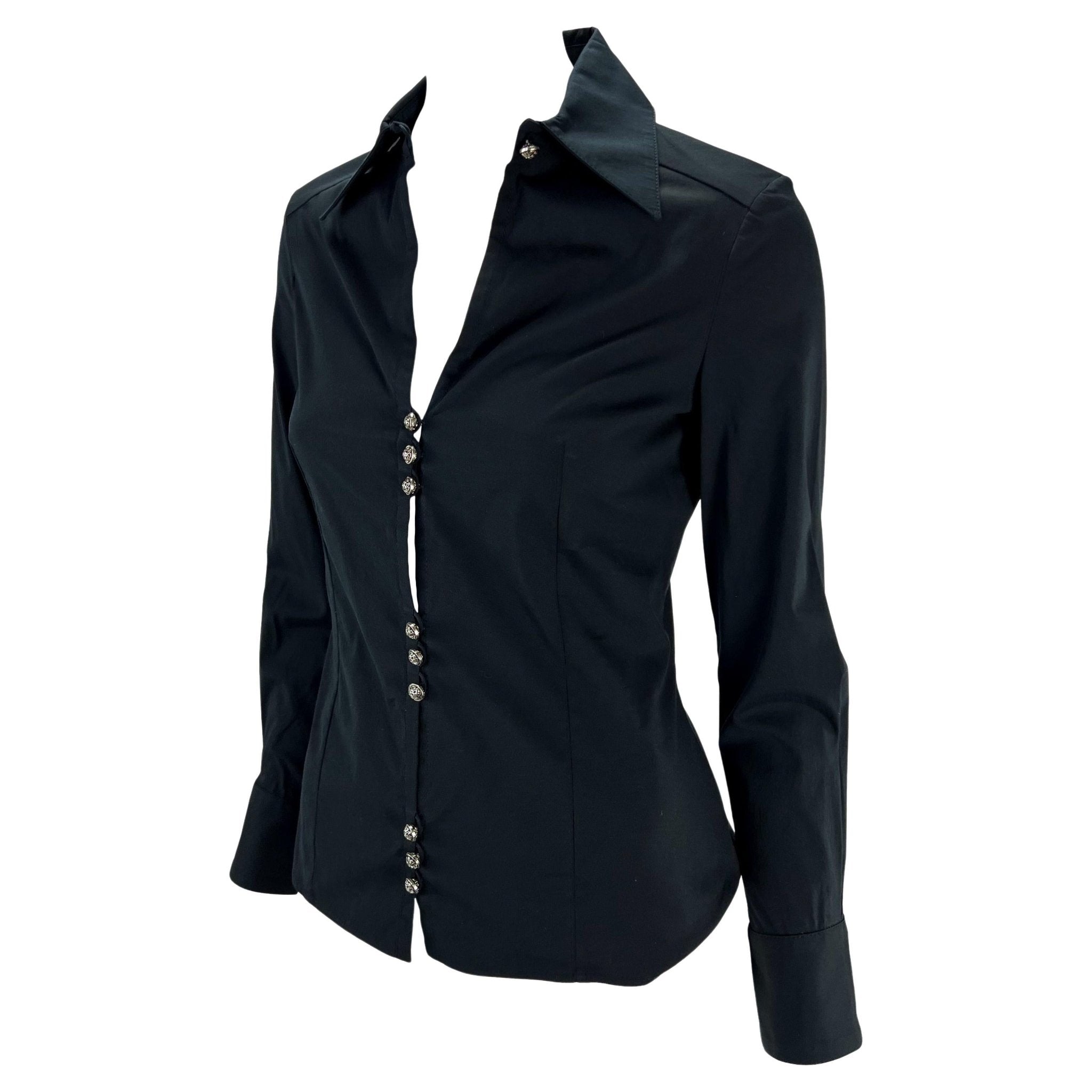 F/W 2002 Gianni Versace by Donatella Black Stretch Cotton Plunging Button Up Top - RealList