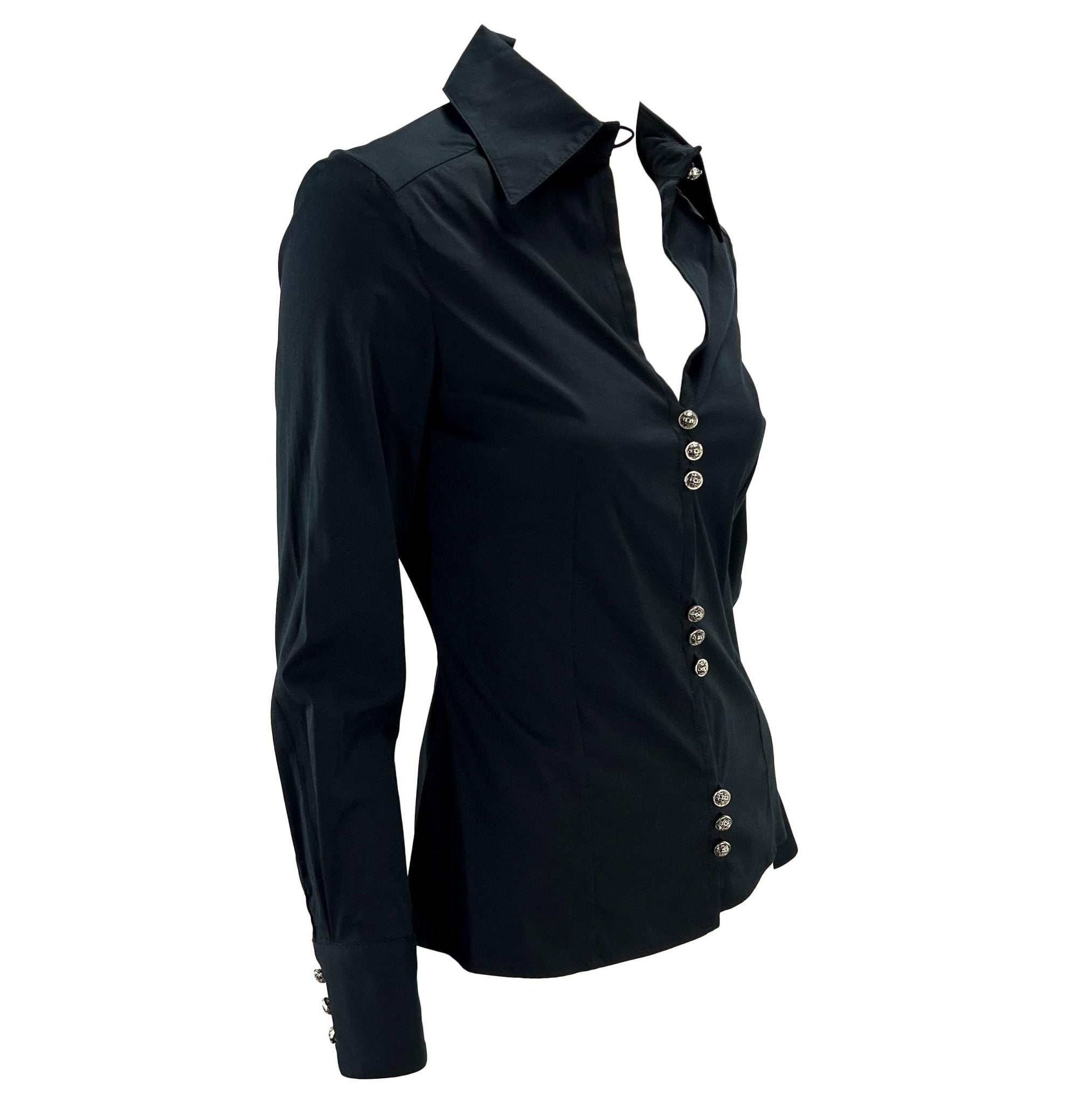 F/W 2002 Gianni Versace by Donatella Black Stretch Cotton Plunging Button Up Top - RealList