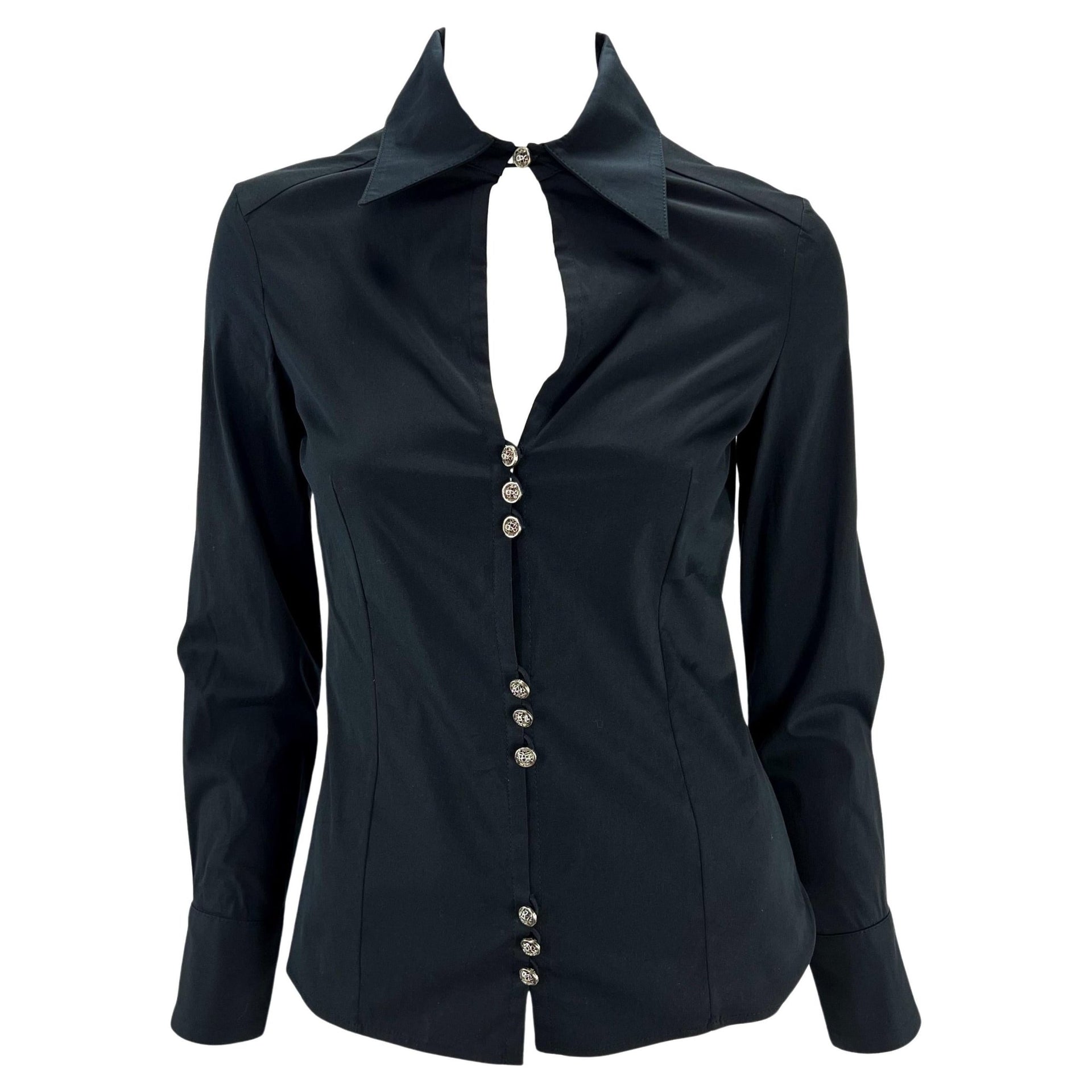 F/W 2002 Gianni Versace by Donatella Black Stretch Cotton Plunging Button Up Top - RealList