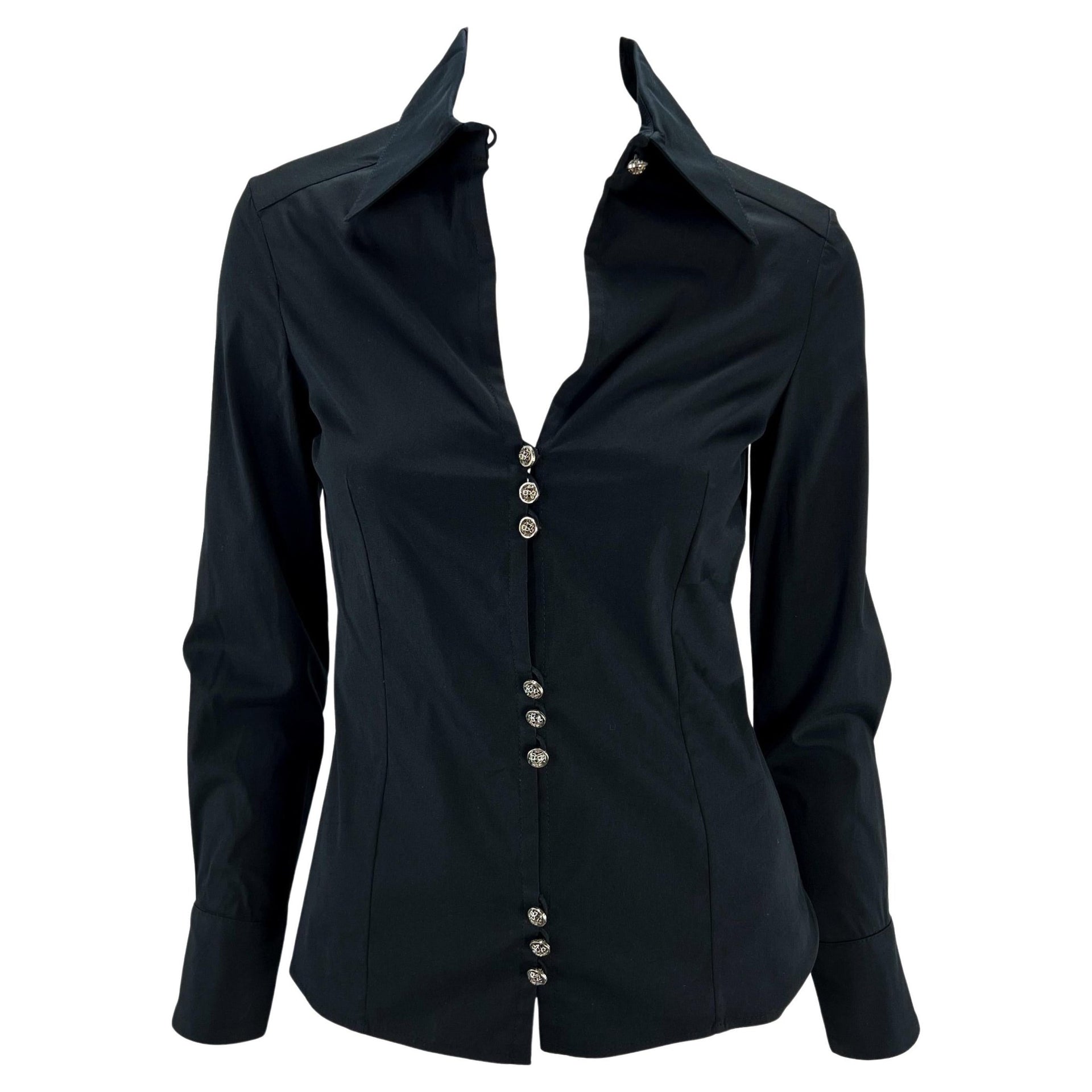 F/W 2002 Gianni Versace by Donatella Black Stretch Cotton Plunging Button Up Top - RealList