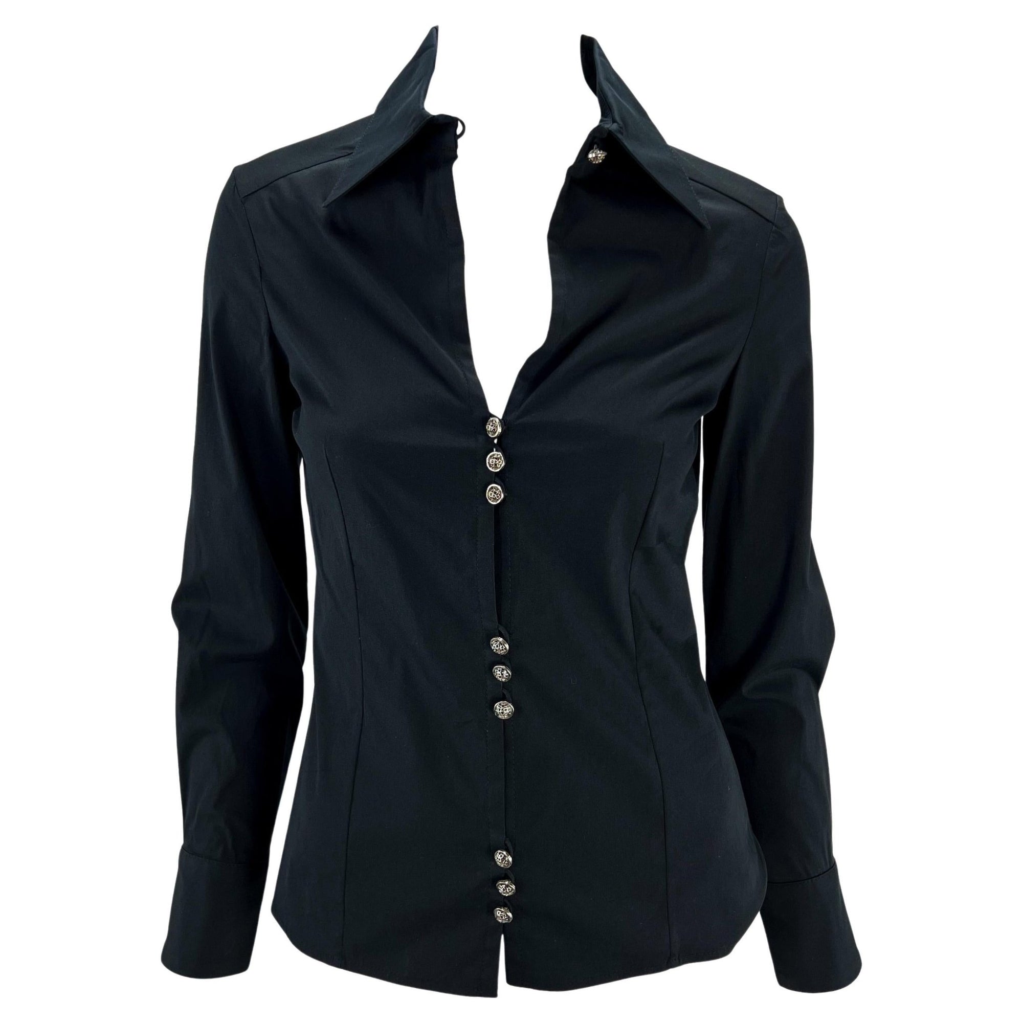 F/W 2002 Gianni Versace by Donatella Black Stretch Cotton Plunging Button Up Top - RealList