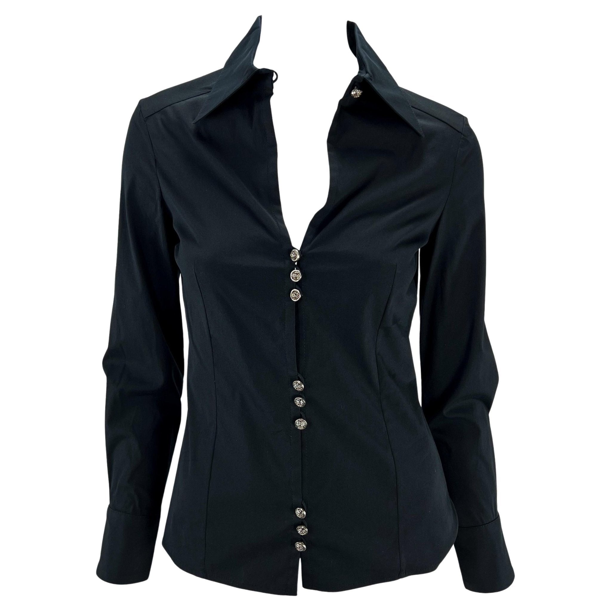 F/W 2002 Gianni Versace by Donatella Black Stretch Cotton Plunging Button Up Top - RealList