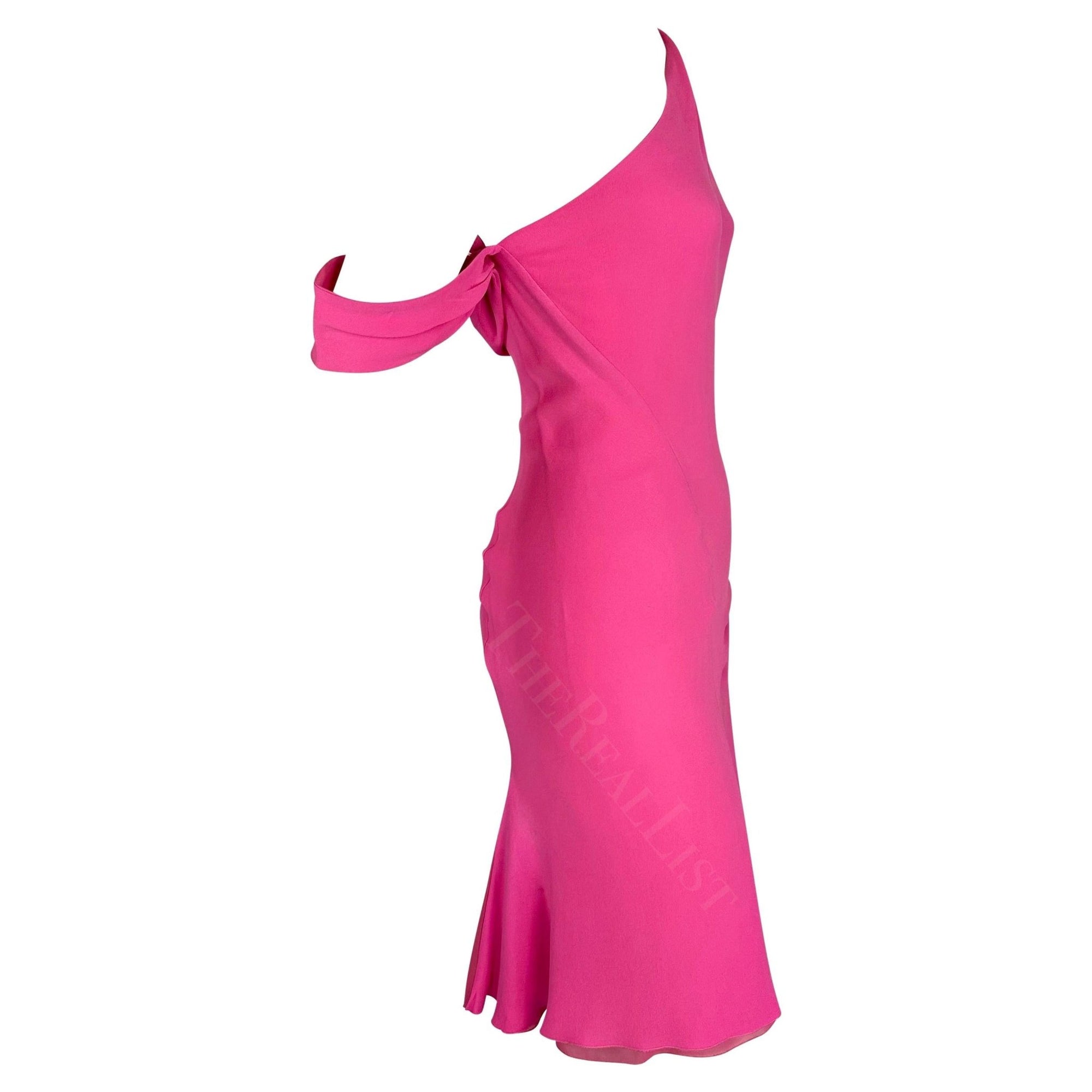 F/W 2002 Gianni Versace by Donatella Neon Hot Pink Asymmetric Slit Mini Dress - RealList