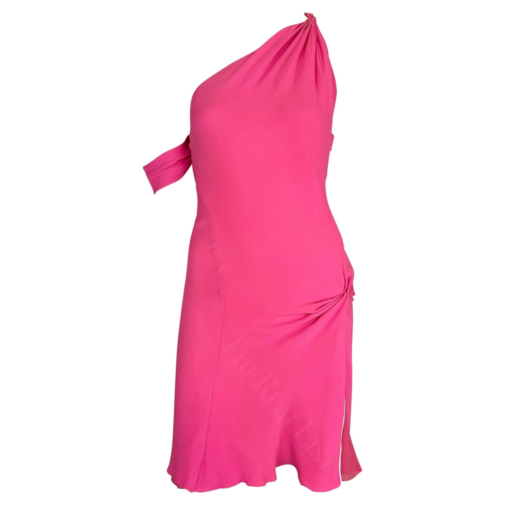 F/W 2002 Gianni Versace by Donatella Neon Hot Pink Asymmetric Slit Mini Dress - RealList