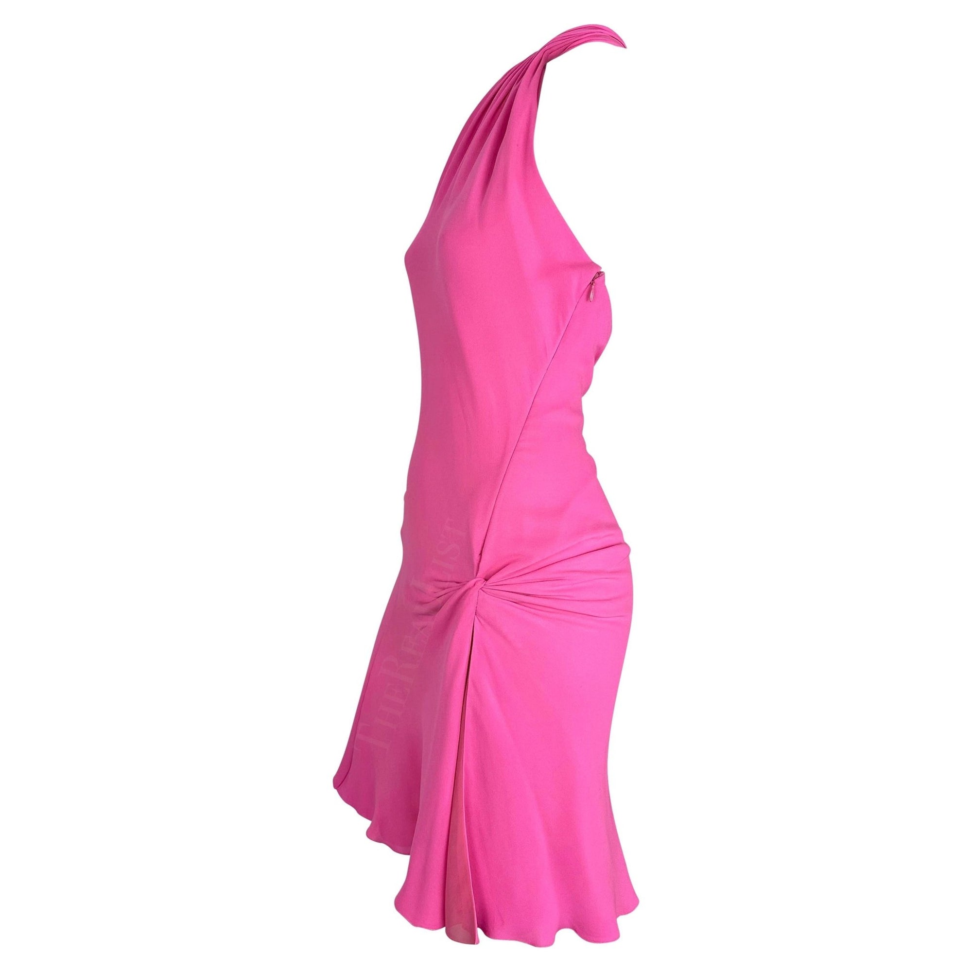 F/W 2002 Gianni Versace by Donatella Neon Hot Pink Asymmetric Slit Mini Dress - RealList