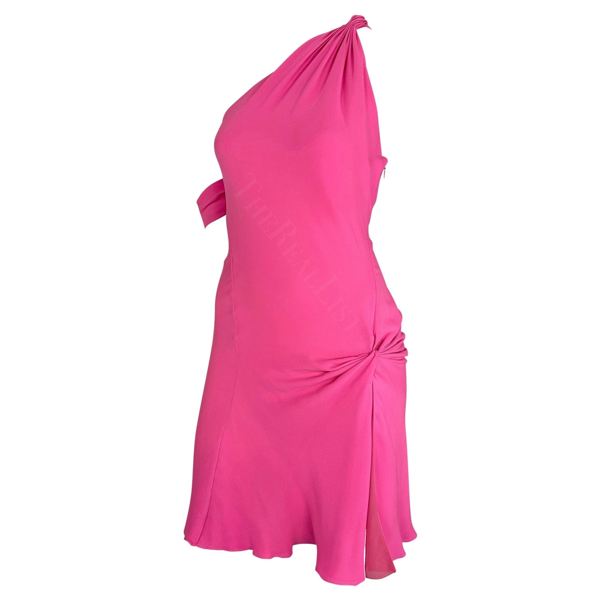 F/W 2002 Gianni Versace by Donatella Neon Hot Pink Asymmetric Slit Mini Dress - RealList