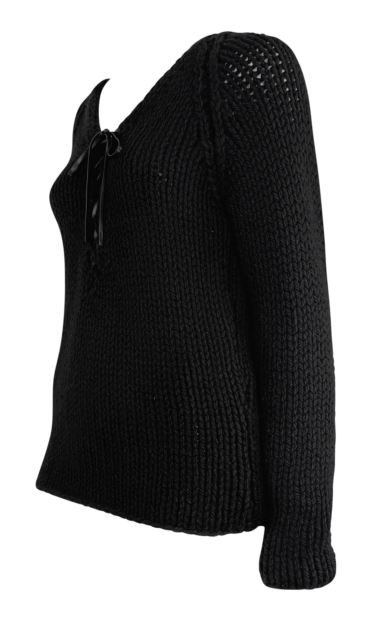 F/W 2002 Gucci by Tom Ford Black Cashmere Leather Tie Sweater Top - RealList