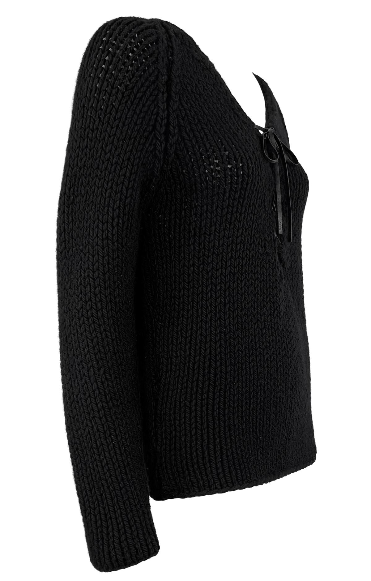 F/W 2002 Gucci by Tom Ford Black Cashmere Leather Tie Sweater Top - RealList