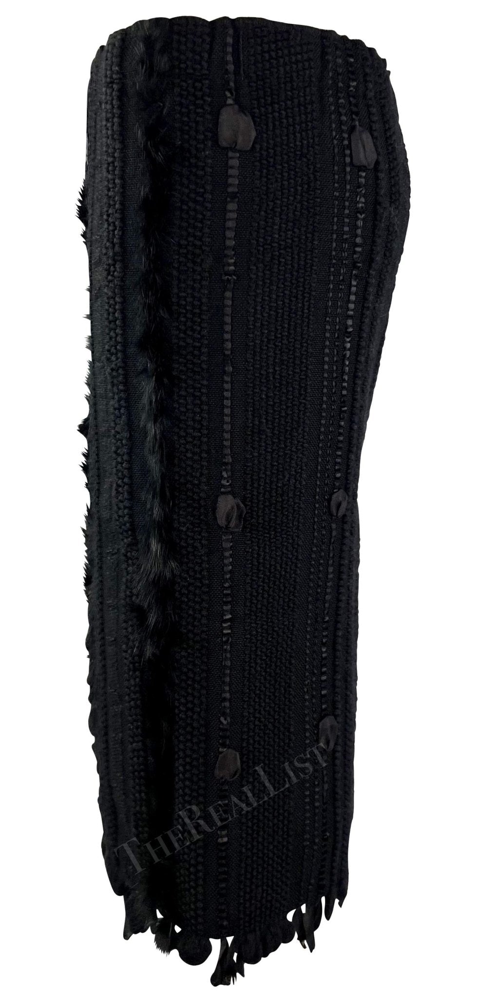 F/W 2002 Gucci by Tom Ford Black Knit Wool Fur Trim Ribbon Pencil Skirt - RealList