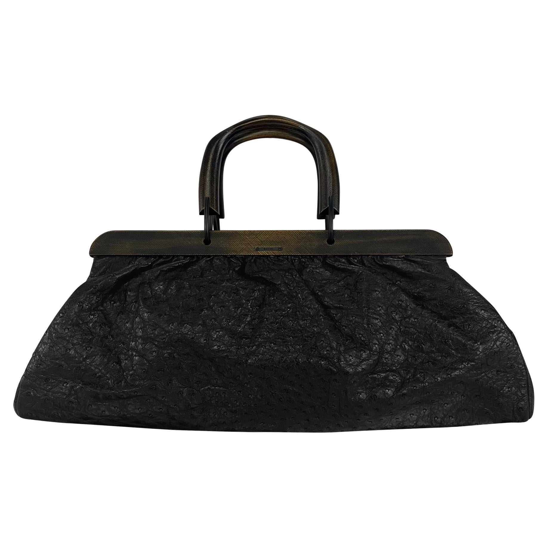 F/W 2002 Gucci by Tom Ford Extra - Large Ostrich Skin Wood Handled Tote Bag - RealList