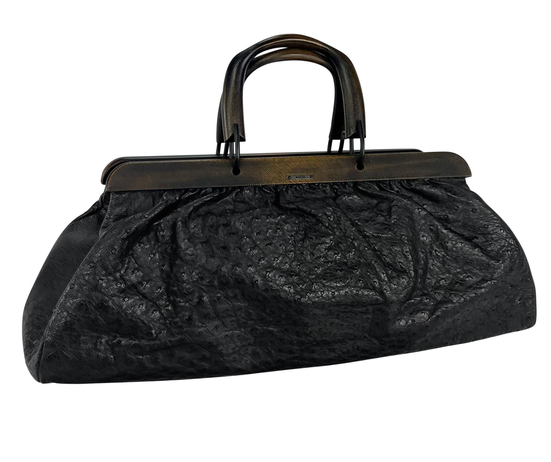 F/W 2002 Gucci by Tom Ford Extra - Large Ostrich Skin Wood Handled Tote Bag - RealList