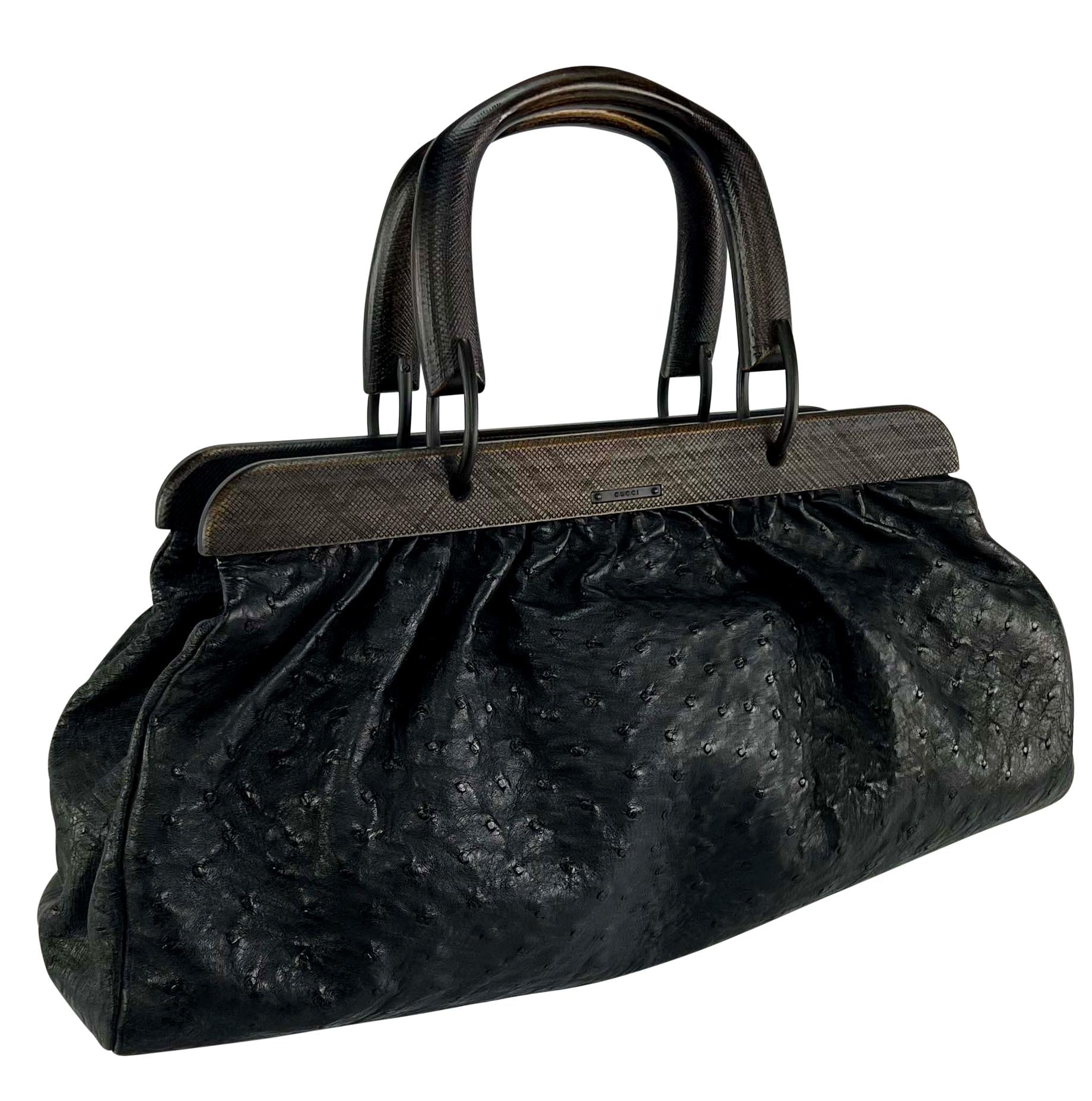 F/W 2002 Gucci by Tom Ford Genuine Ostrich Black Leather Medium Top Handle Bag - RealList