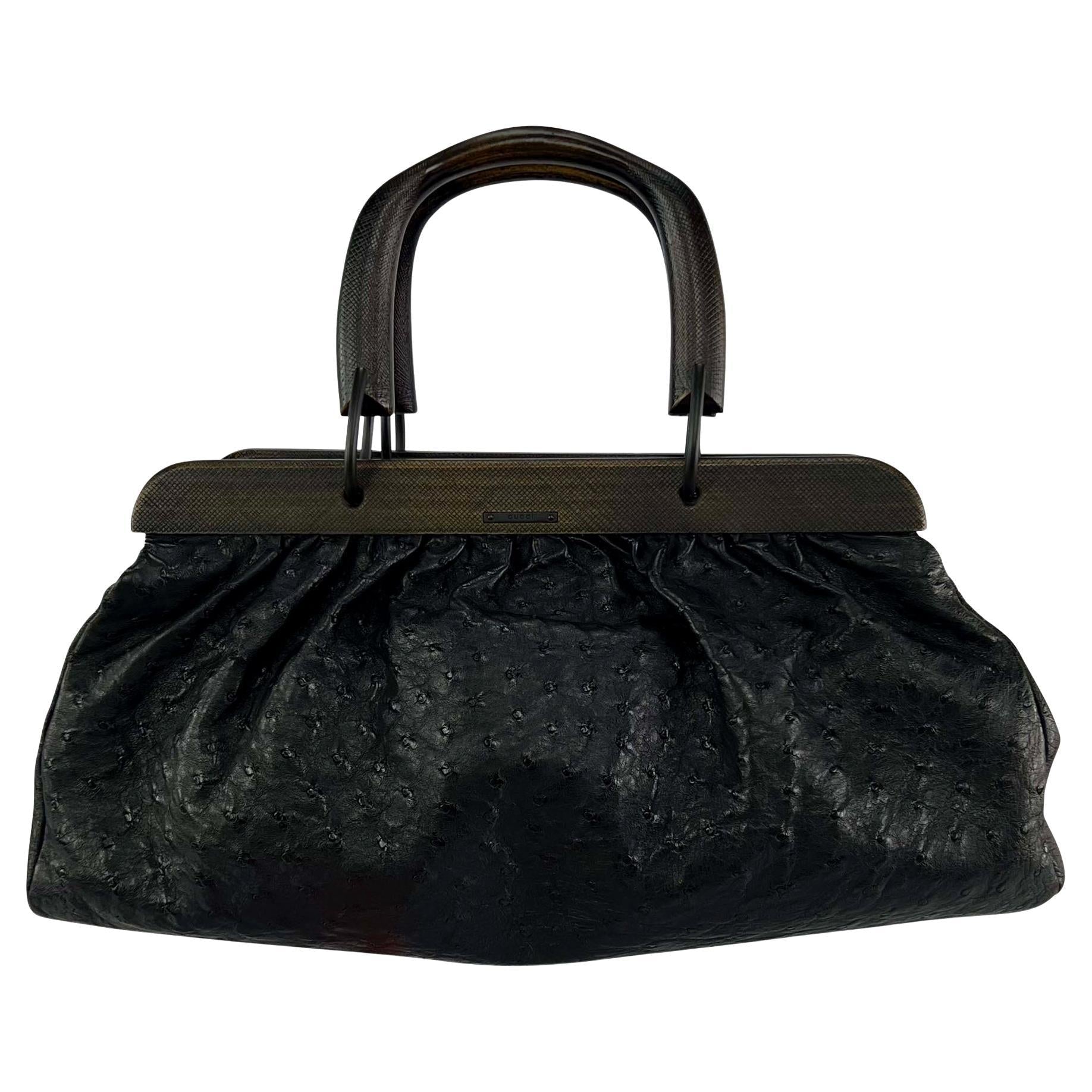 F/W 2002 Gucci by Tom Ford Genuine Ostrich Black Leather Medium Top Handle Bag - RealList