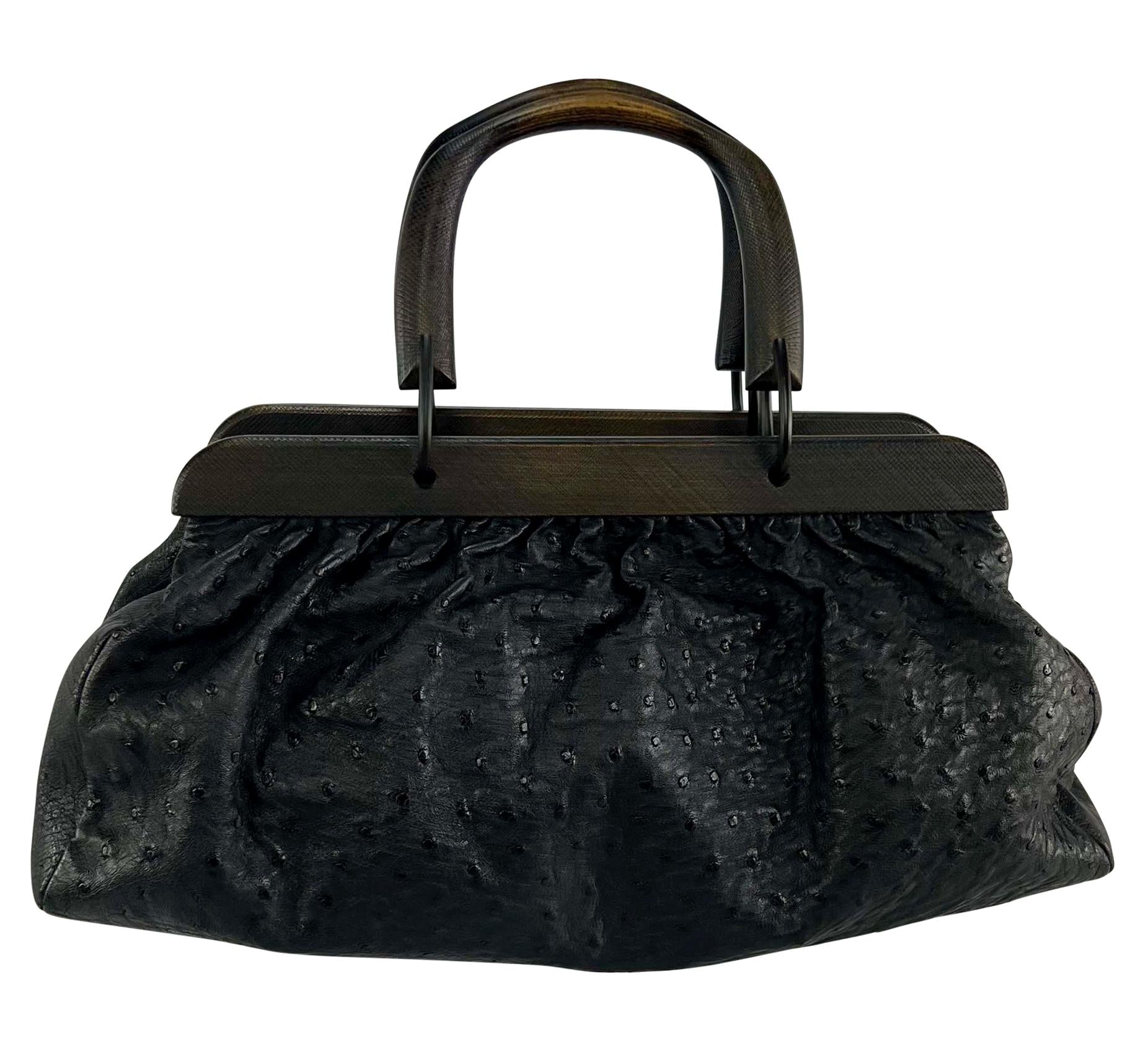 F/W 2002 Gucci by Tom Ford Genuine Ostrich Black Leather Medium Top Handle Bag - RealList