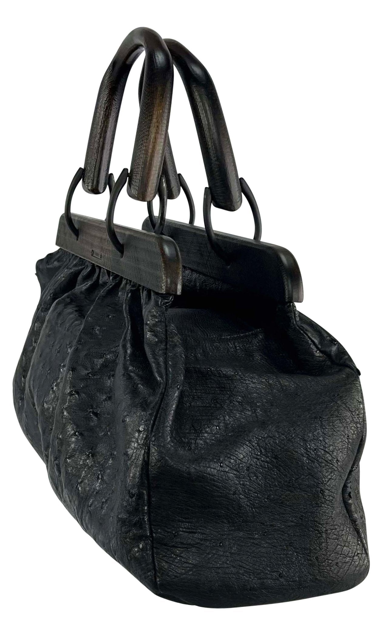 F/W 2002 Gucci by Tom Ford Genuine Ostrich Black Leather Medium Top Handle Bag - RealList