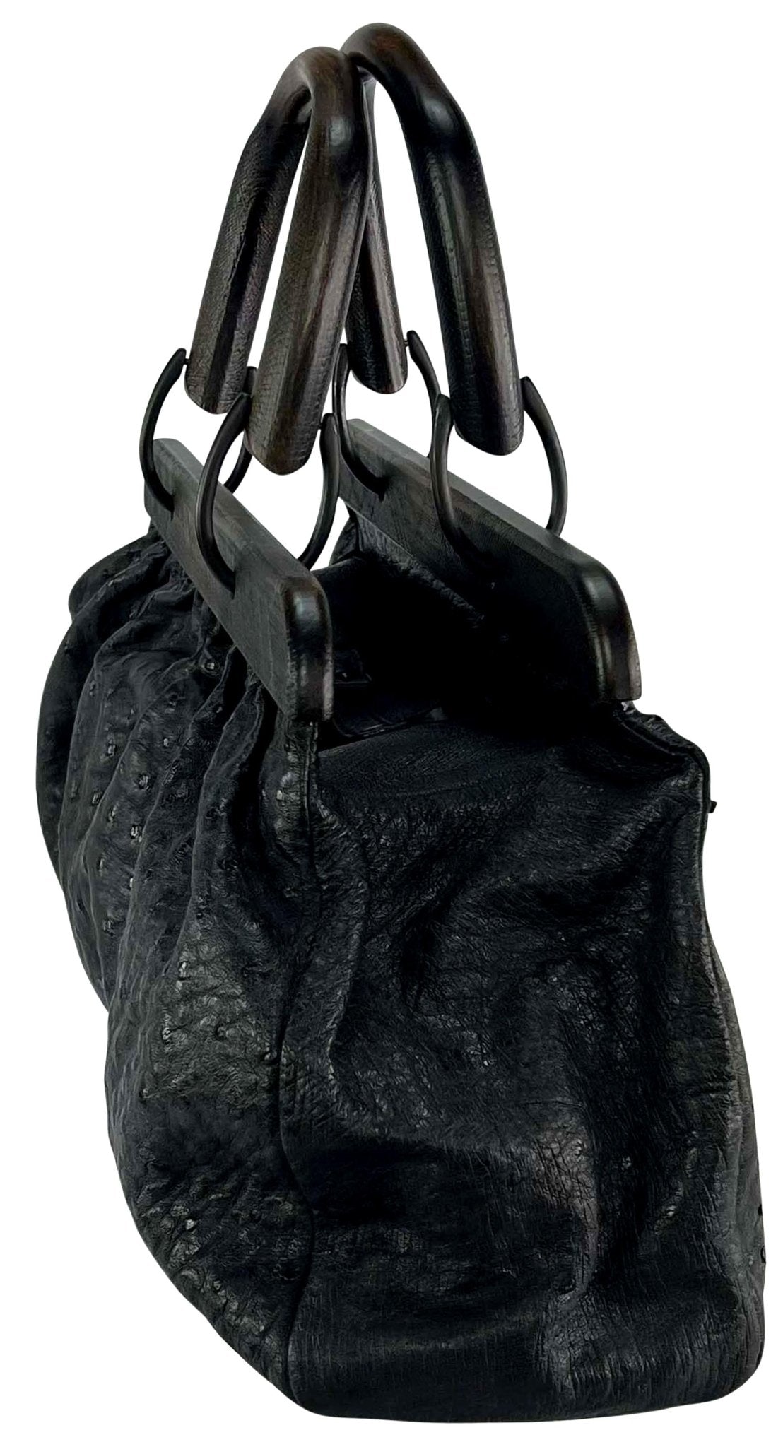 F/W 2002 Gucci by Tom Ford Genuine Ostrich Black Leather Medium Top Handle Bag - RealList