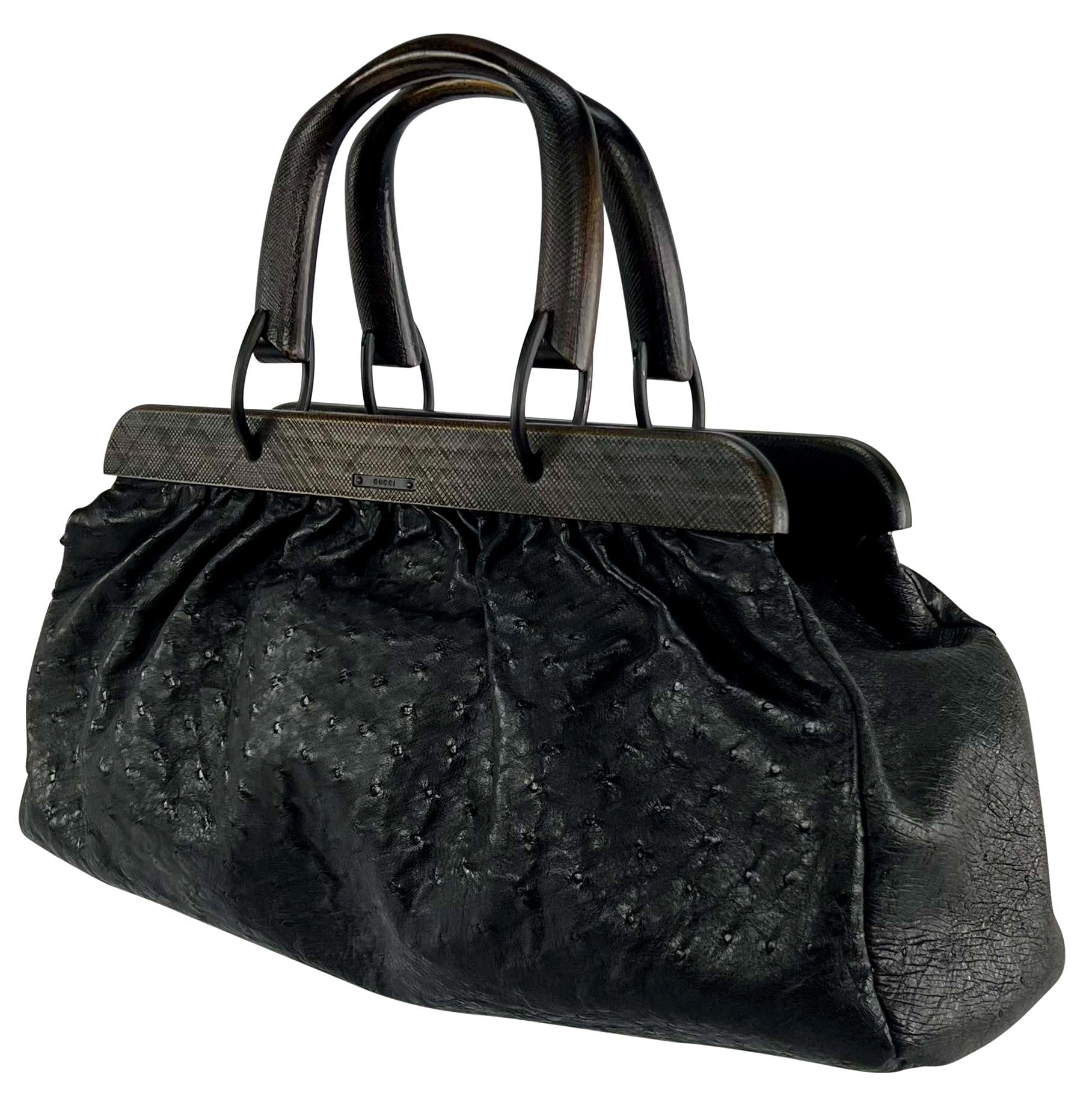 F/W 2002 Gucci by Tom Ford Genuine Ostrich Black Leather Medium Top Handle Bag - RealList