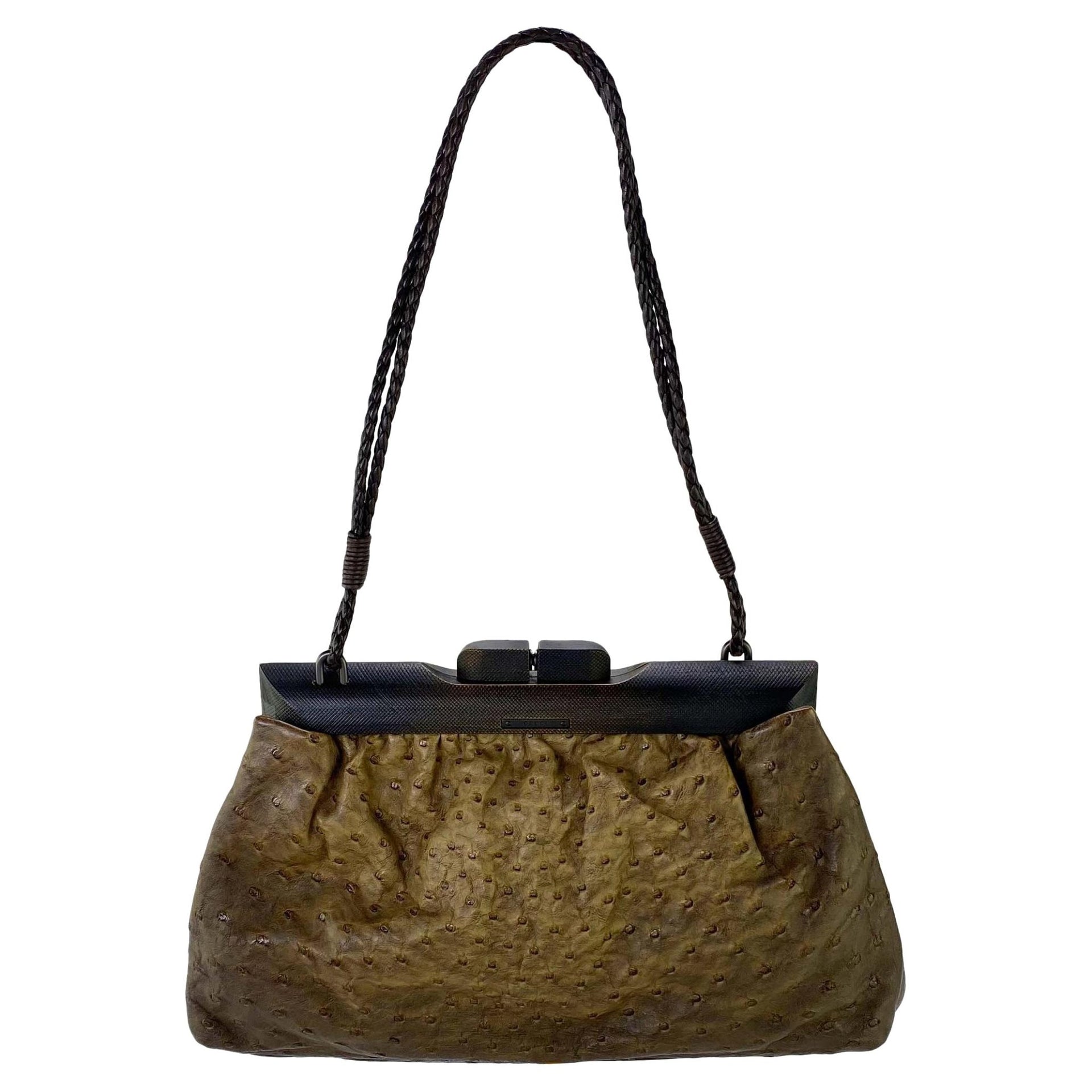 F/W 2002 Gucci by Tom Ford Genuine Ostrich Braided Leather Wood Shoulder Bag - RealList