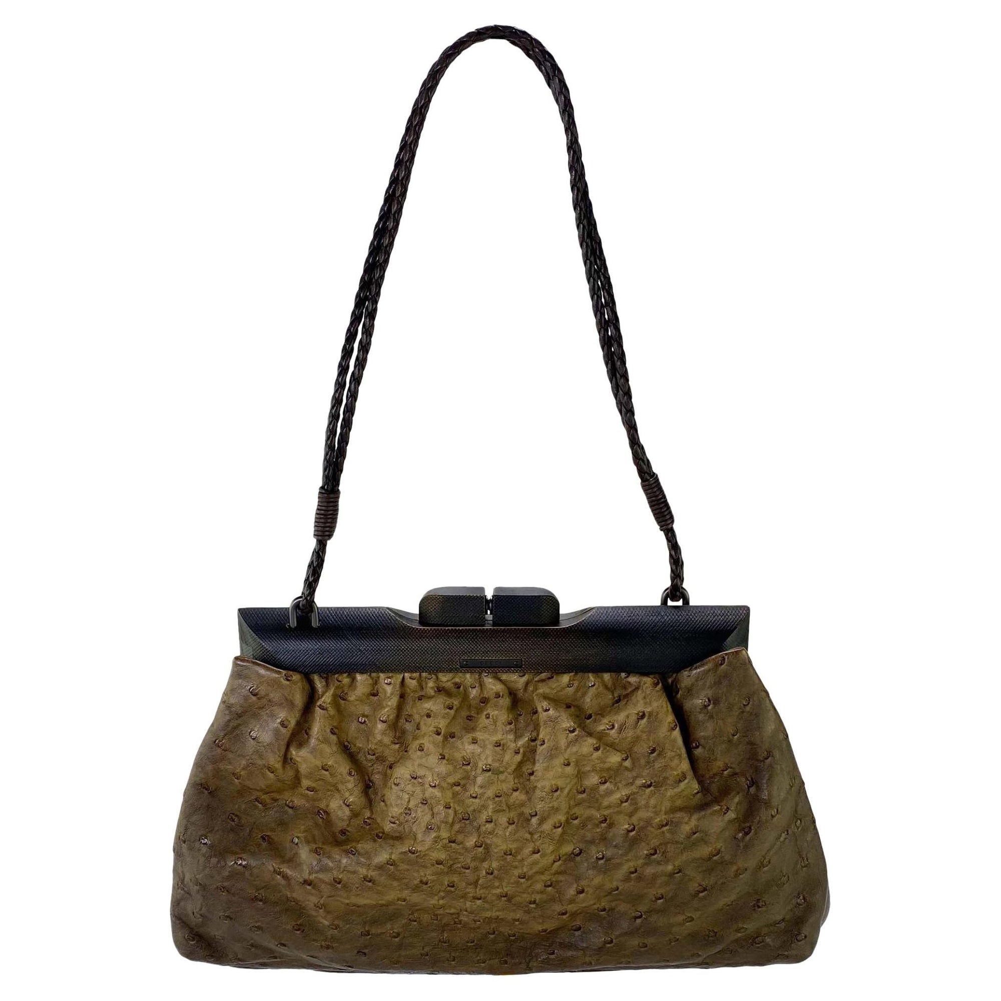 F/W 2002 Gucci by Tom Ford Genuine Ostrich Braided Leather Wood Shoulder Bag - RealList