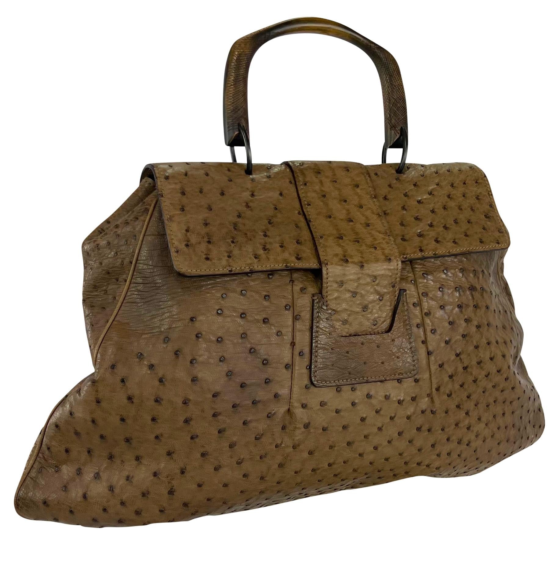 F/W 2002 Gucci by Tom Ford Oversized Genuine Ostrich Skin Tan Wood XL Tote Bag - RealList