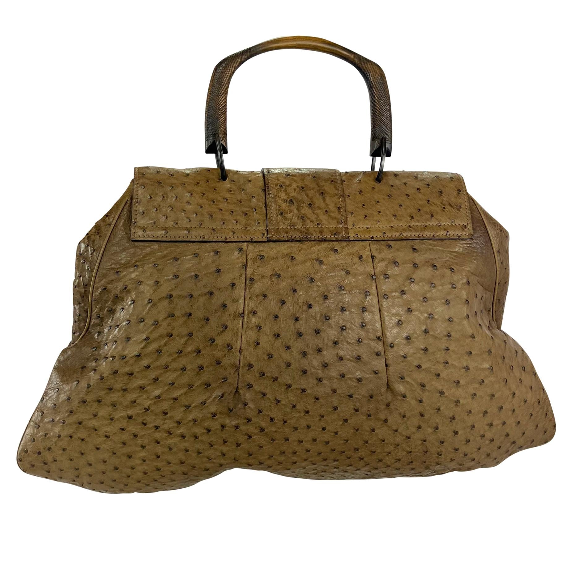 F/W 2002 Gucci by Tom Ford Oversized Genuine Ostrich Skin Tan Wood XL Tote Bag - RealList