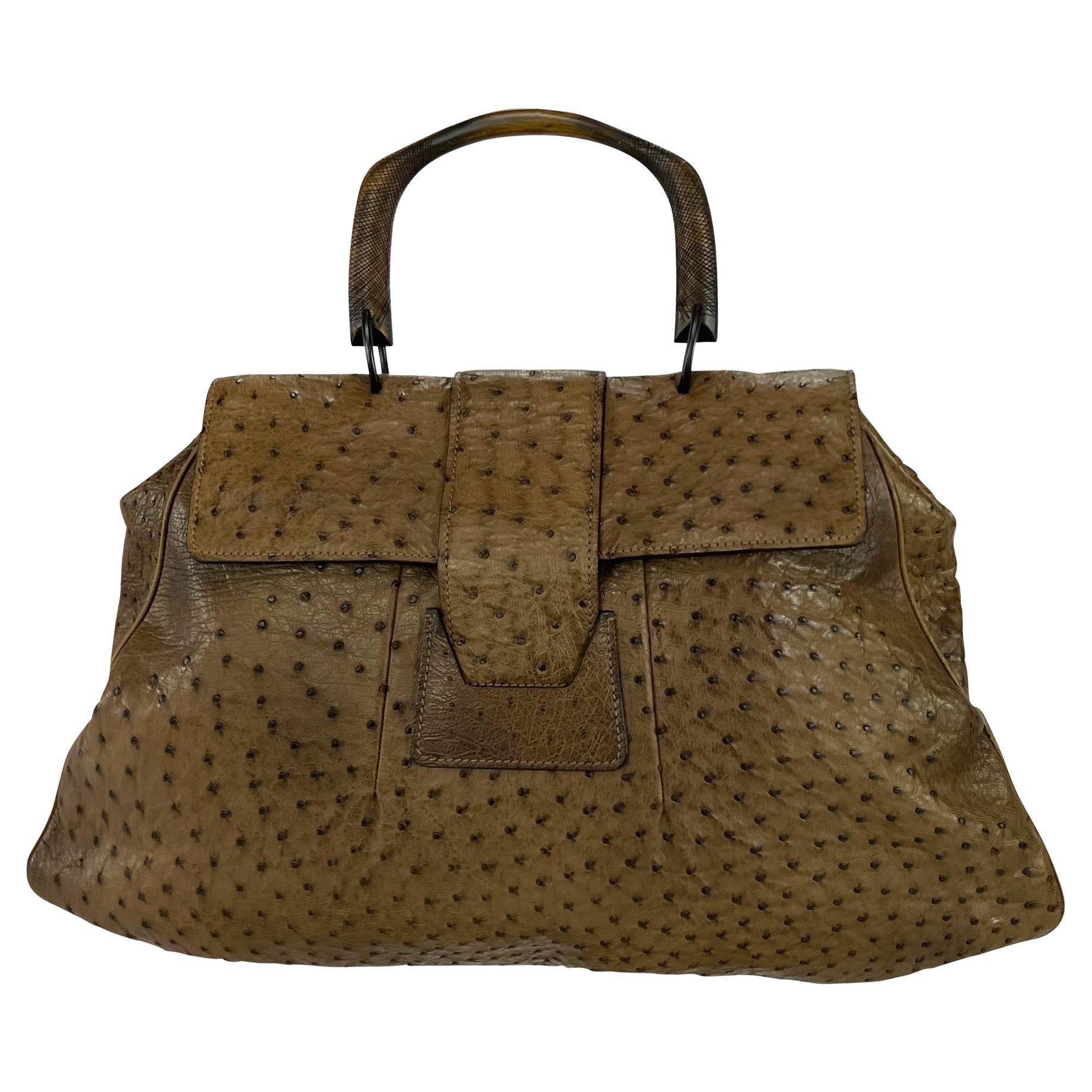 F/W 2002 Gucci by Tom Ford Oversized Genuine Ostrich Skin Tan Wood XL Tote Bag - RealList