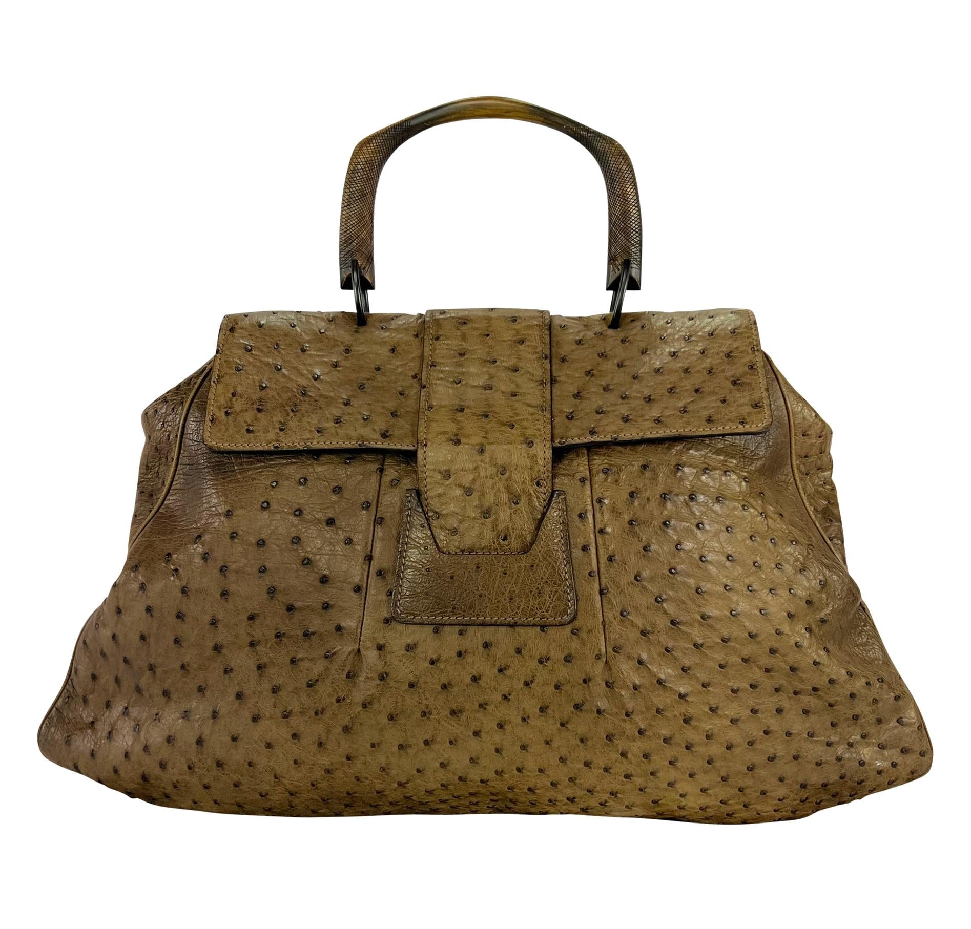 F/W 2002 Gucci by Tom Ford Oversized Genuine Ostrich Skin Tan Wood XL Tote Bag - RealList