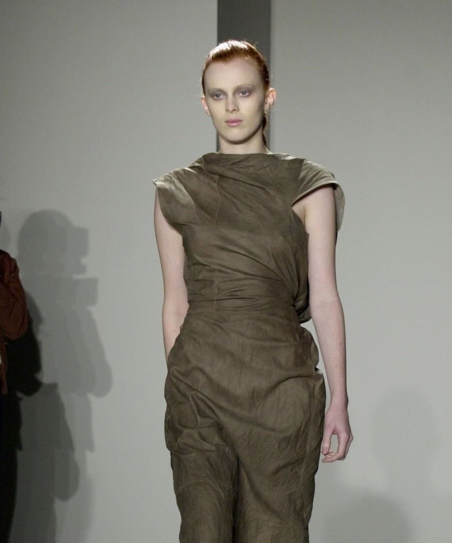 F/W 2002 Rick Owens "Sparrows" Brown Distressed Leather Wrap Backless Mini Dress - RealList