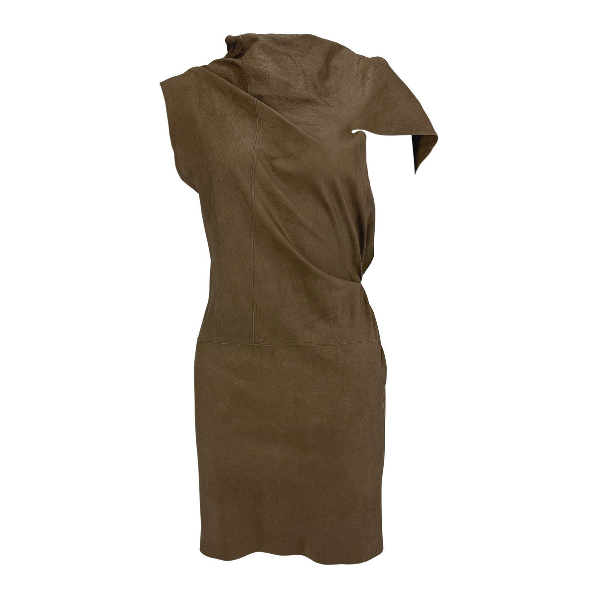 F/W 2002 Rick Owens "Sparrows" Brown Distressed Leather Wrap Backless Mini Dress - RealList