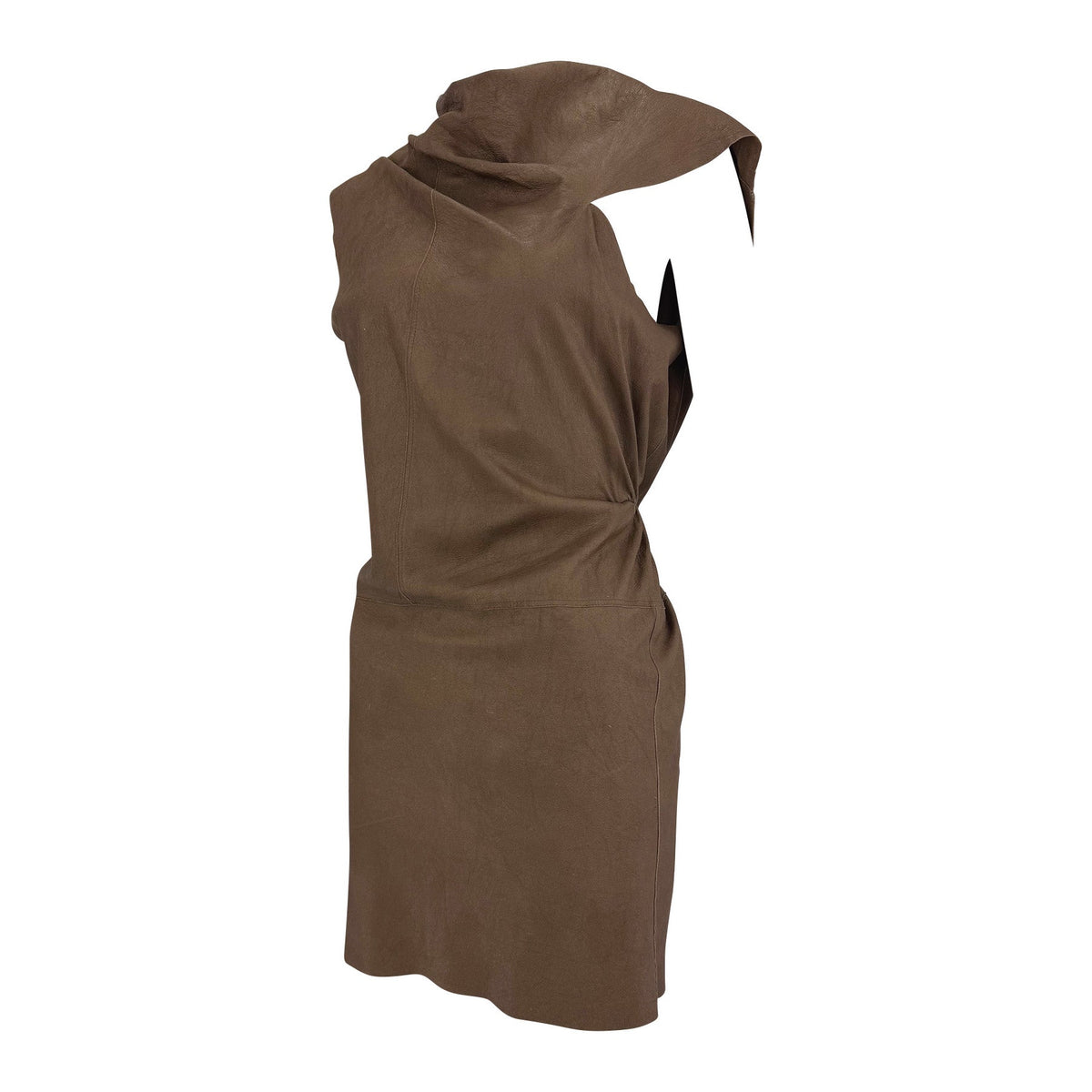 F/W 2002 Rick Owens "Sparrows" Brown Distressed Leather Wrap Backless Mini Dress - RealList