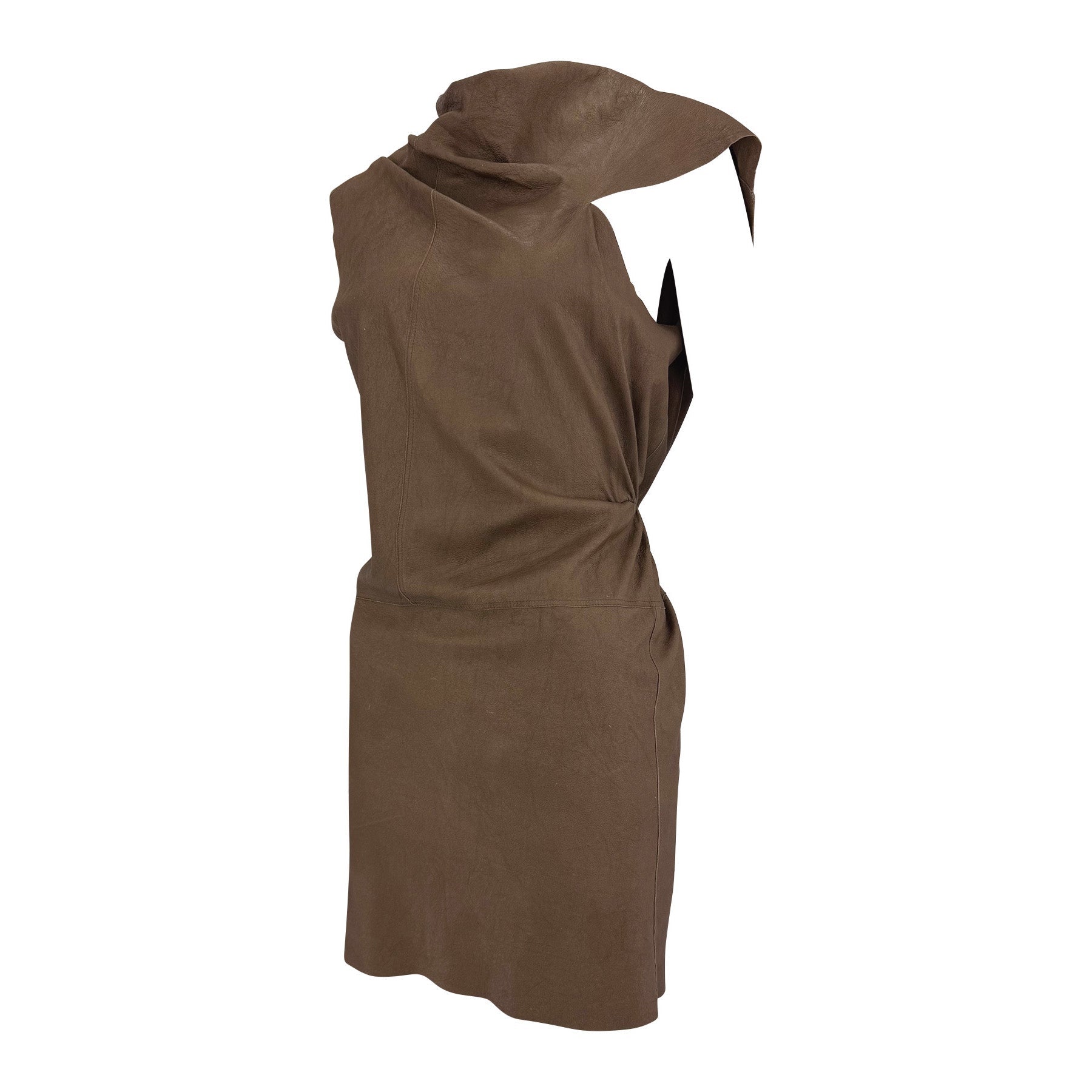 F/W 2002 Rick Owens "Sparrows" Brown Distressed Leather Wrap Backless Mini Dress - RealList