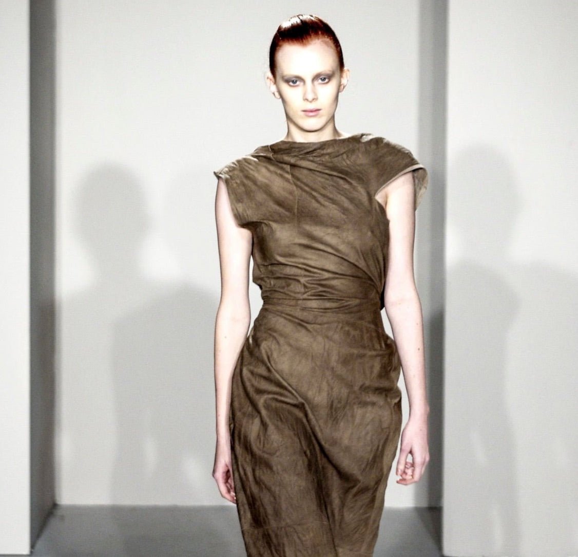 F/W 2002 Rick Owens "Sparrows" Brown Distressed Leather Wrap Backless Mini Dress - RealList