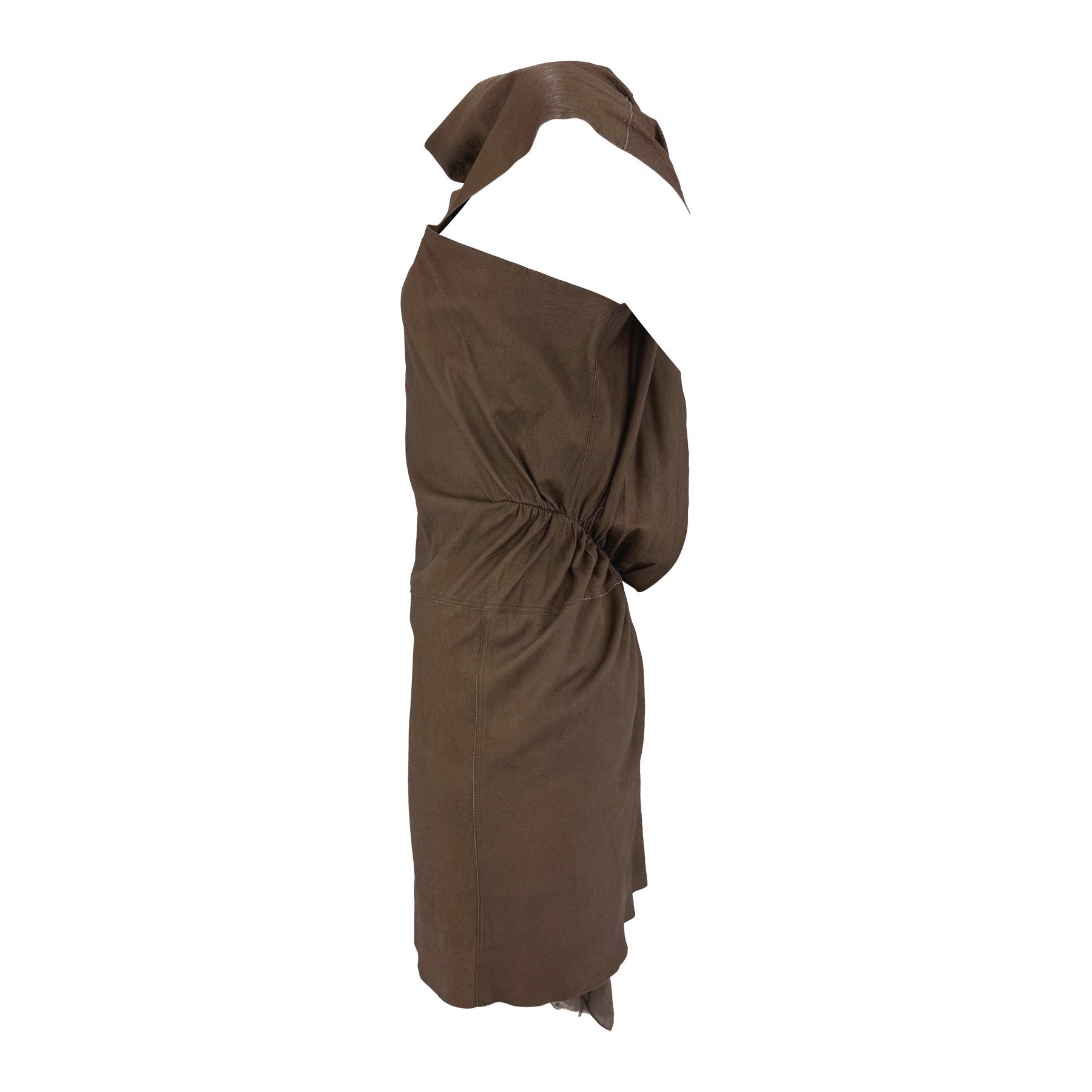 F/W 2002 Rick Owens "Sparrows" Brown Distressed Leather Wrap Backless Mini Dress - RealList