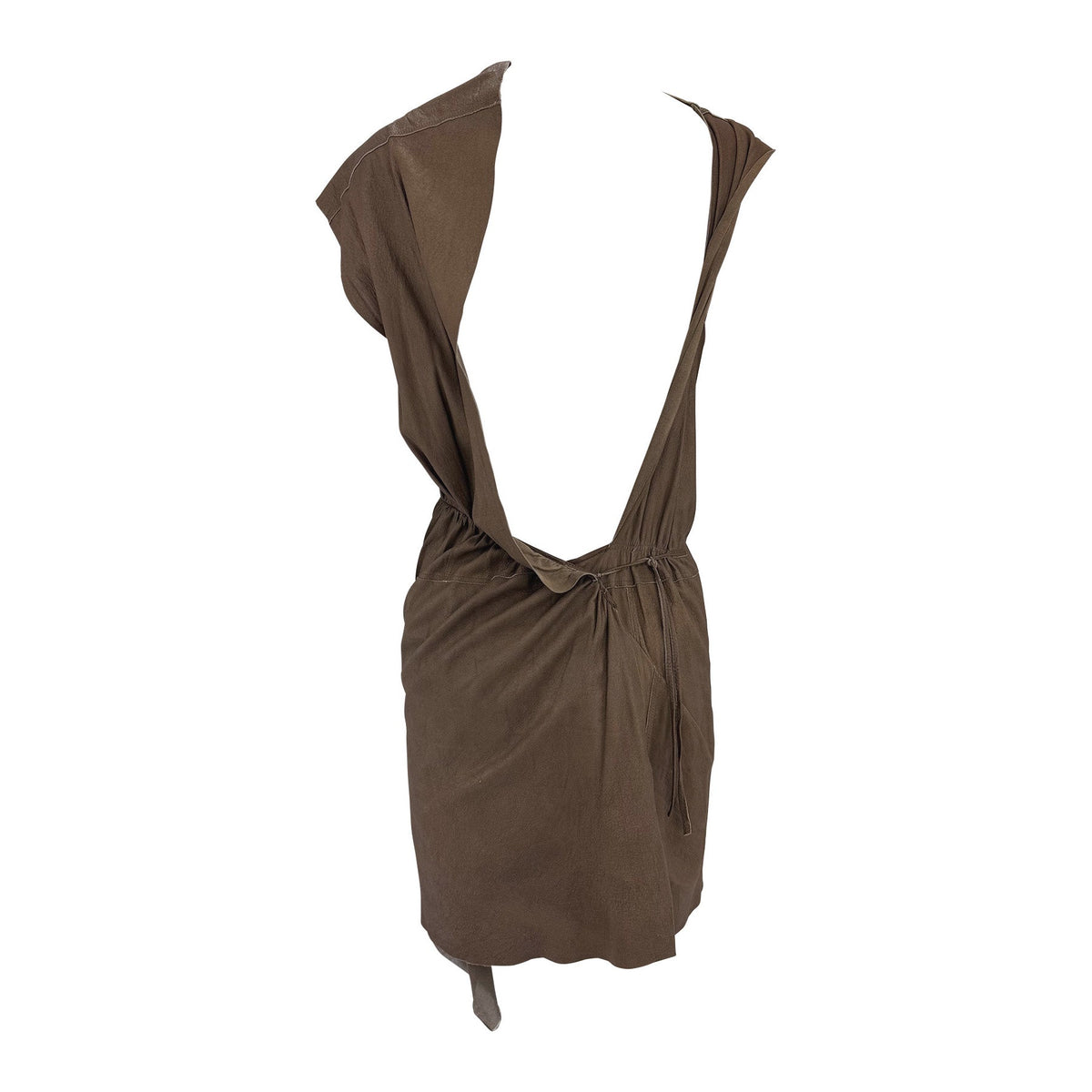 F/W 2002 Rick Owens "Sparrows" Brown Distressed Leather Wrap Backless Mini Dress - RealList